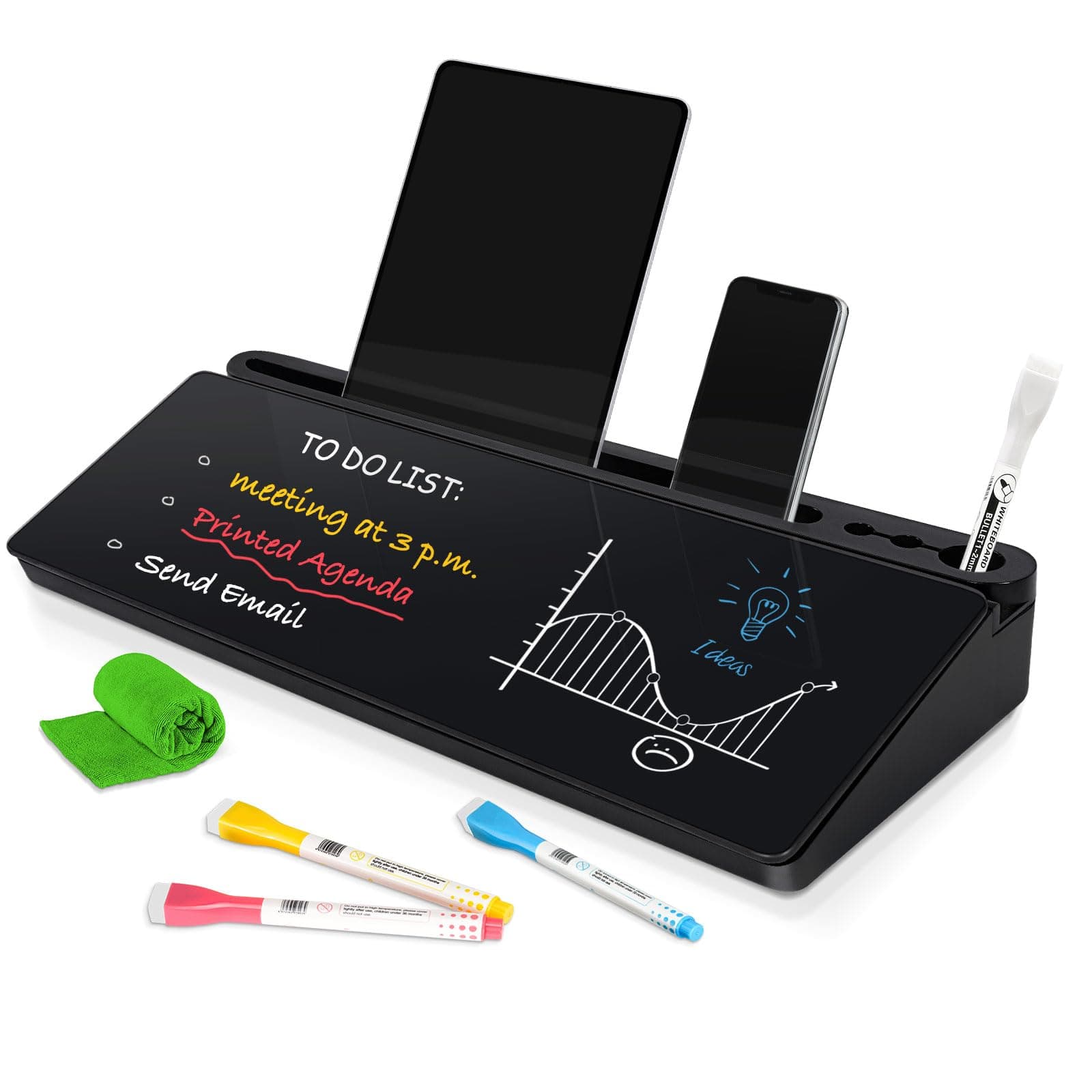 DOLLAR BOSS Glass Desk Whiteboard Small Dry Erase Board Desktop White Board with Storage Drawer Computer Keyboard Stand Desk Organizer Office Accessories School Supplies with 4 Markers 1 Rag, Black