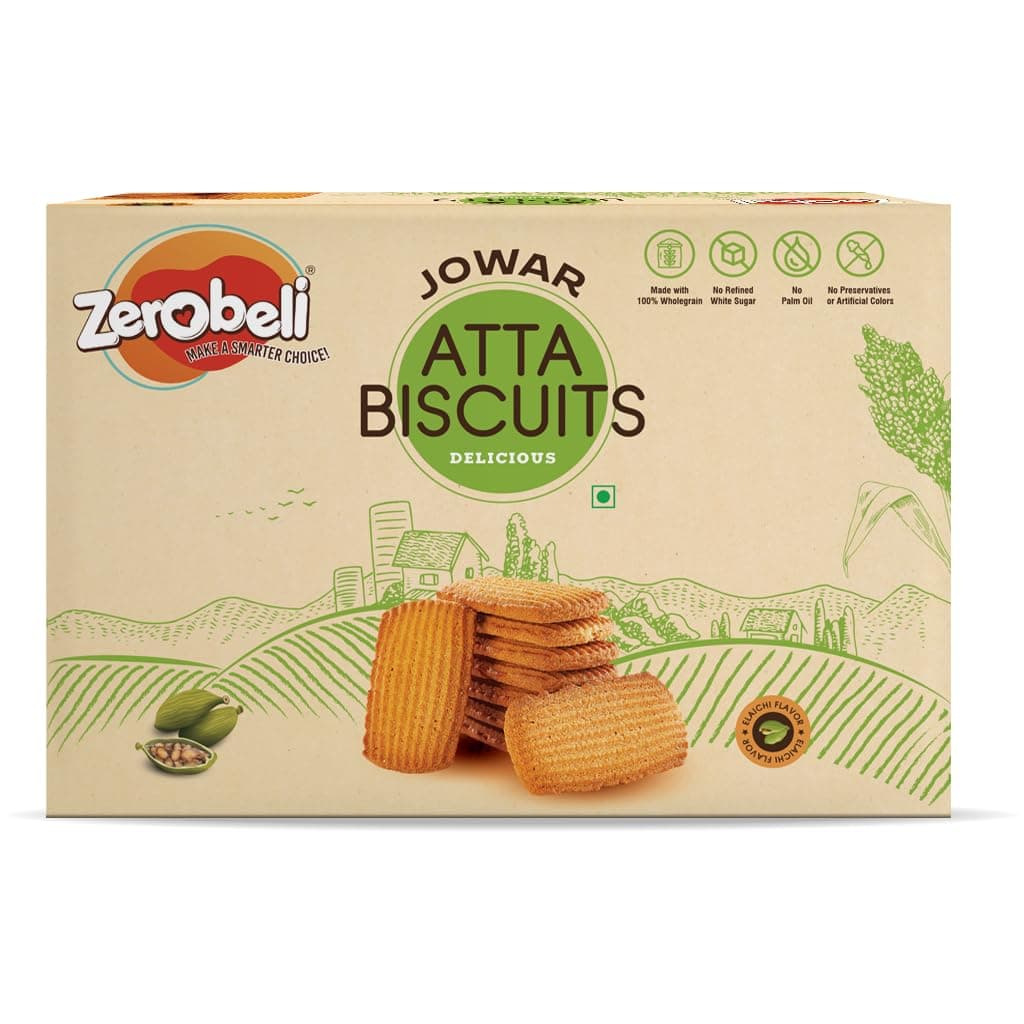 Zerobeli Premium Jowar Atta Digestive Biscuits with Elaichi - 375g | Healthy, Nutritious, and Delicious Cookies | Best Tea Time Snacks | 100% Vegetarian | No Refined Sugar, Palm Oil, Preservatives, or Colors