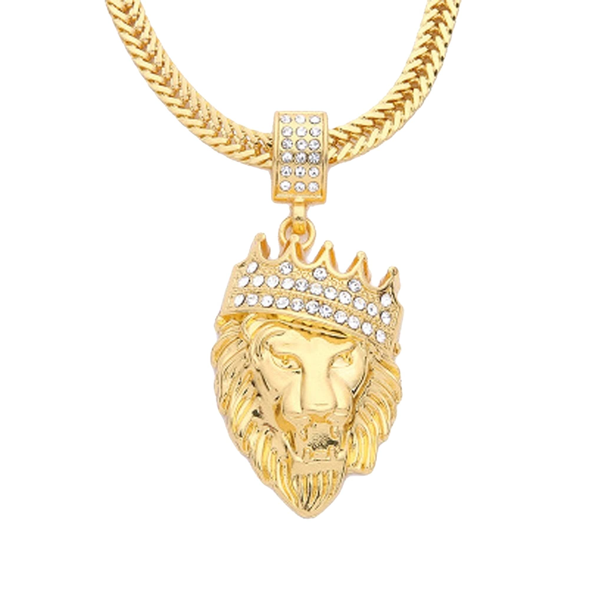 Hip Hop Lion with Rhinestone Crown Necklace with Cuban Chain - Statement Bling Pendant