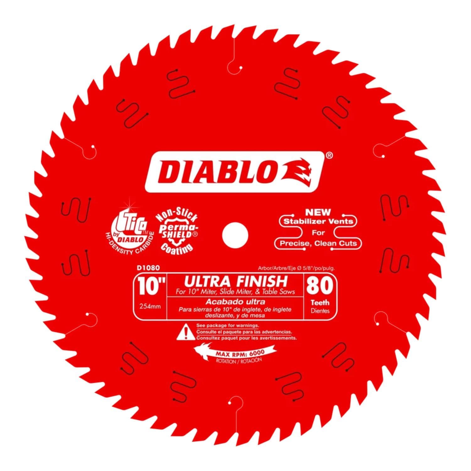 Ultra Finish Saw Blade for Wood - 10" Diameter, 80 Hi-ATB Teeth, 5/8" Arbor, .098" Kerf, 15° Hook Angle, .071" Plate, 6000 Max RPM - D1080X