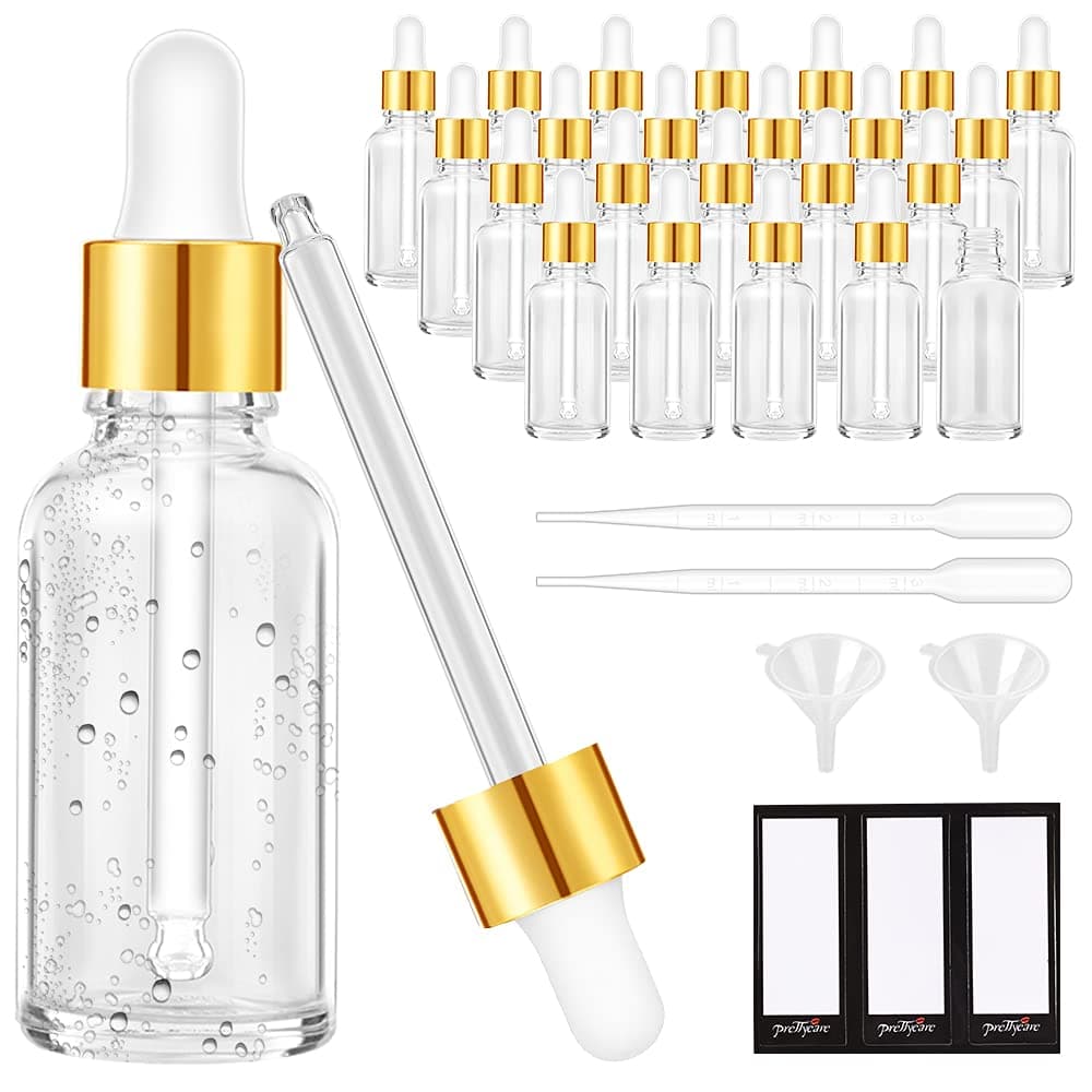 PrettyCare Eye Dropper Bottle (Glass Bottles with Golden Caps, Extra Measured Pipettes, Labels, Funnels) Empty Tincture Bottles for Essential Oils Clear 24 Pack 1oz transparent DB - 954 24