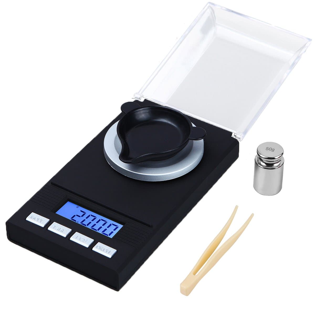 WAOAW W-01-50 Digital Milligram Scale 50 X 0.001Gram Reloading Jewelry Scale Digital Weight with Calibration Weights Tweezers and Weighing Pans (Batteries Included)