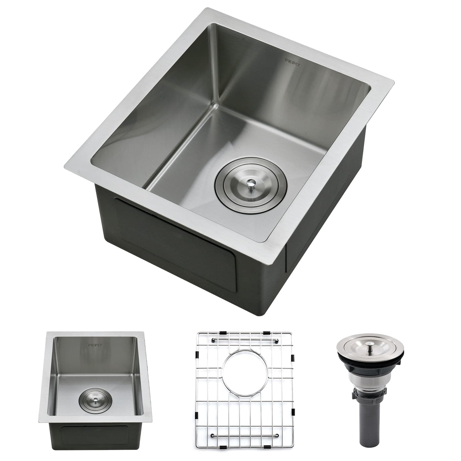 PEPO Bar Sink - 13 x 15 Inch Undermount Kitchen Sink, 16 Gauge Stainless Steel Single Bowl Small Kitchen Sinks, High-end Handmade Square Small Wet Bar Sink RV Sink, Bar or Prep Sink, Outdoor Sink