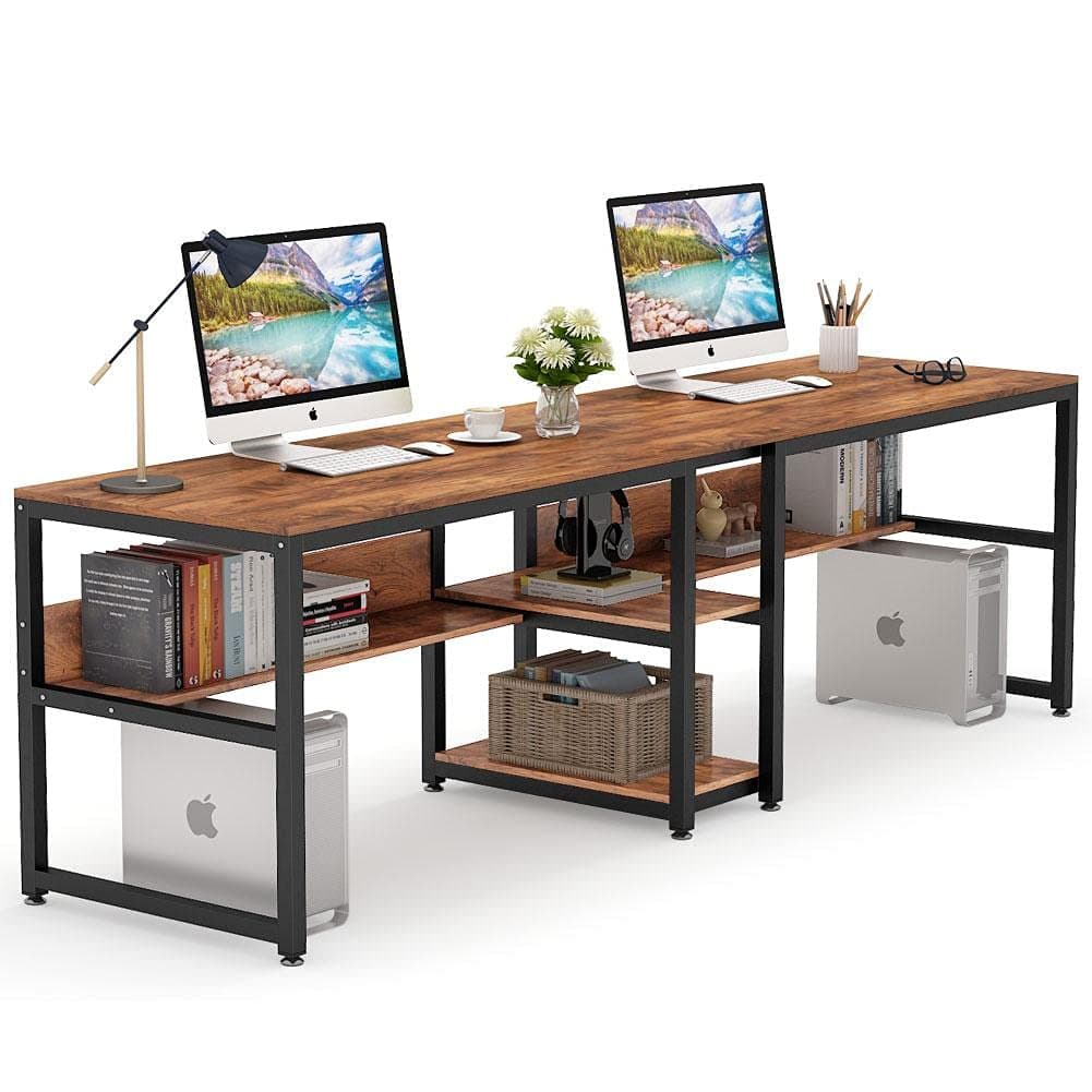 TEKAVO Two Person Desk I 200 CM I Two People Working Table for Office & Home I Computer Desktop Table for Home pc I Desk with Book Shelf Storage I Brown Wood I Metal I DIY