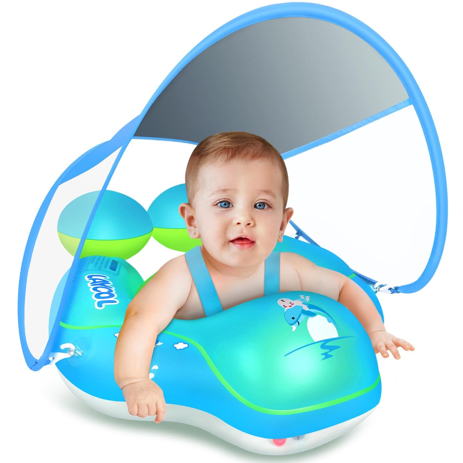 Upgraded No Flip Over Baby Pool Float, Baby Float with Canopy UPF50+, Inflatable with Double Air Chambers,Five Safety Protection Anti-flip Safe, Baby Swimming Float with 2 Tail for 6-36 Months(Blue L)