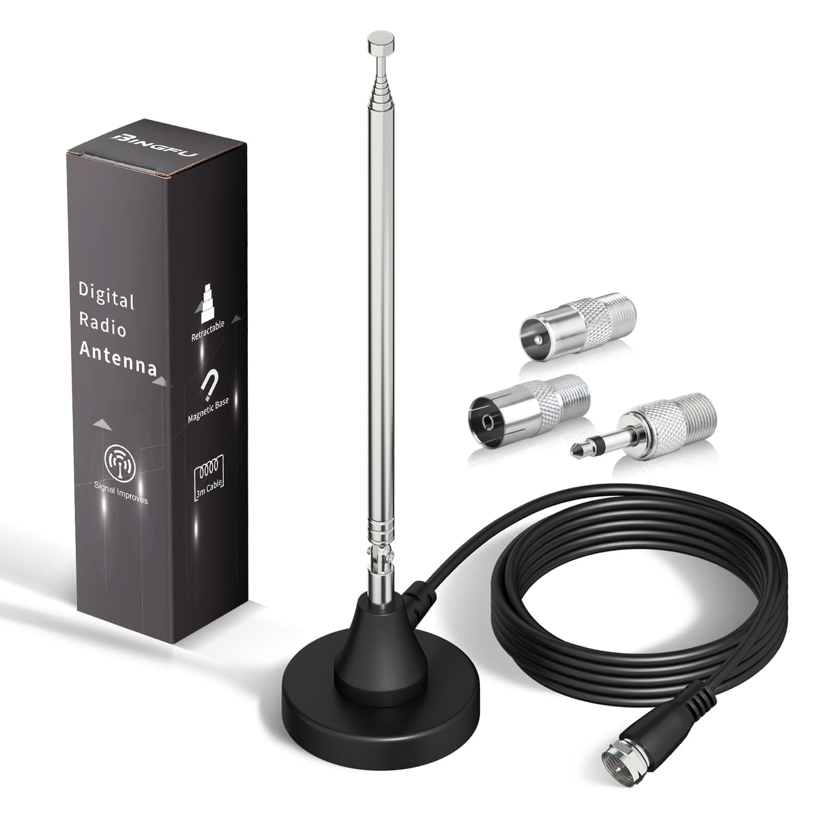 DAB FM Radio Antenna Indoor Digital Telescopic Aerial with Magnetic Base 3m Extension Cable for 75 Ohm DAB+ FM Radio Home Stereo Receiver AV Audio Video Home Theater Receiver