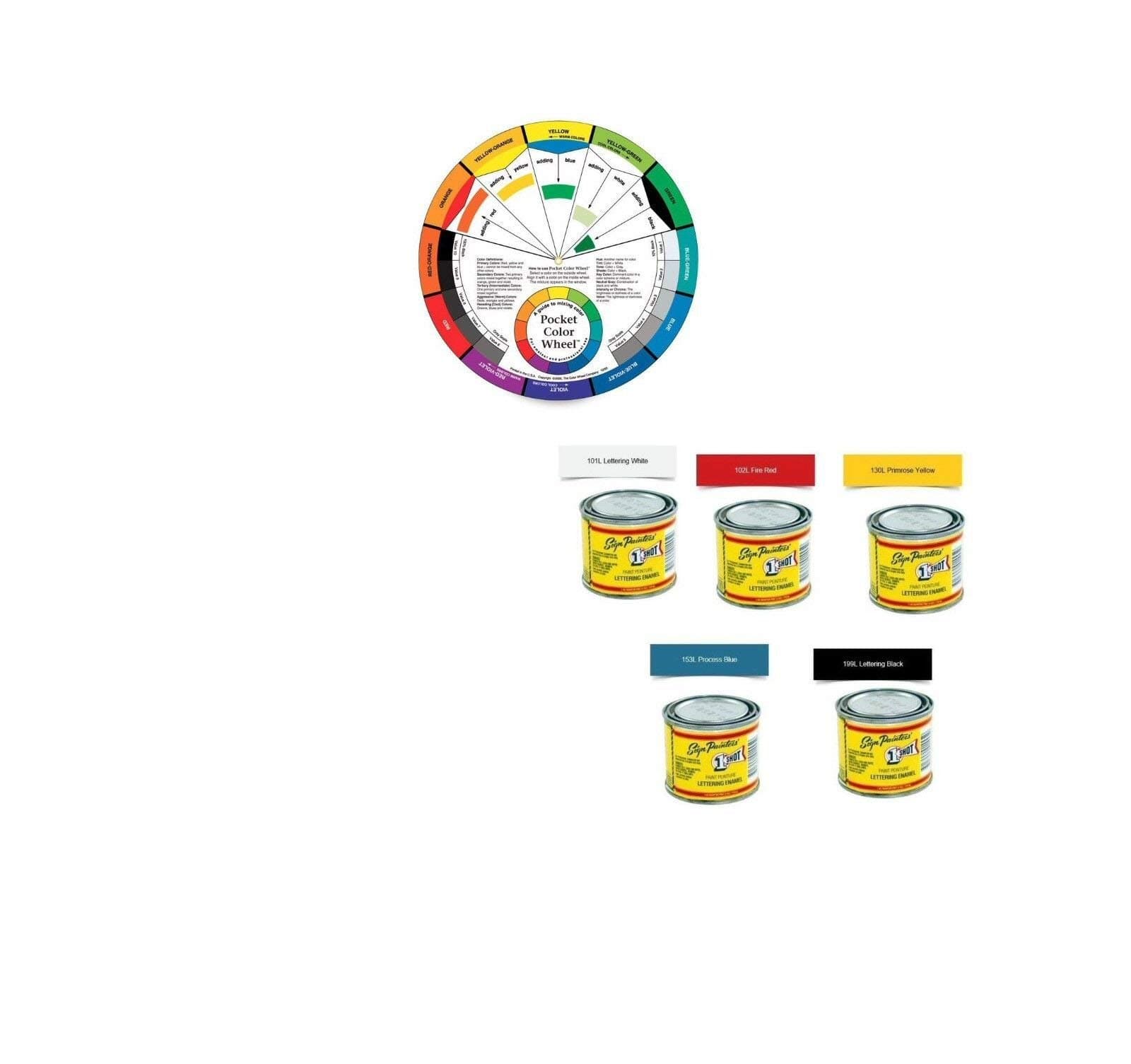 One-Shot 1 5 Color Lettering Enamel-Pinstripe Paint Kit with Custom Shop Striping Brush Set and Color Wheel