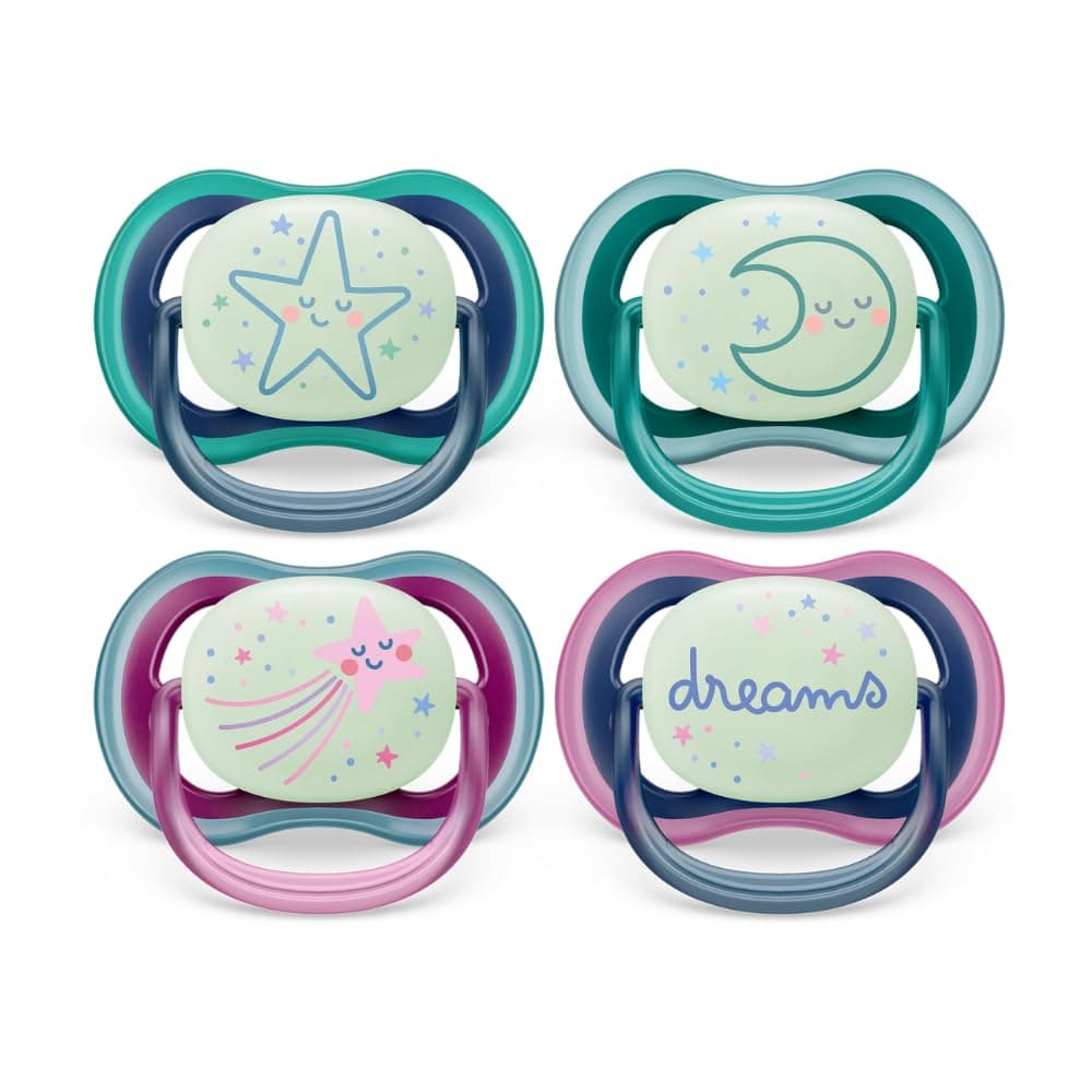 Philips AVENT Ultra Air Nighttime Soothers - Pack of 2, BPA-Free, Breathable, Glow in the Dark Dummy for Babies from 6-18 Months, Includes Transport and Sterilisation Box, Stars/Moon