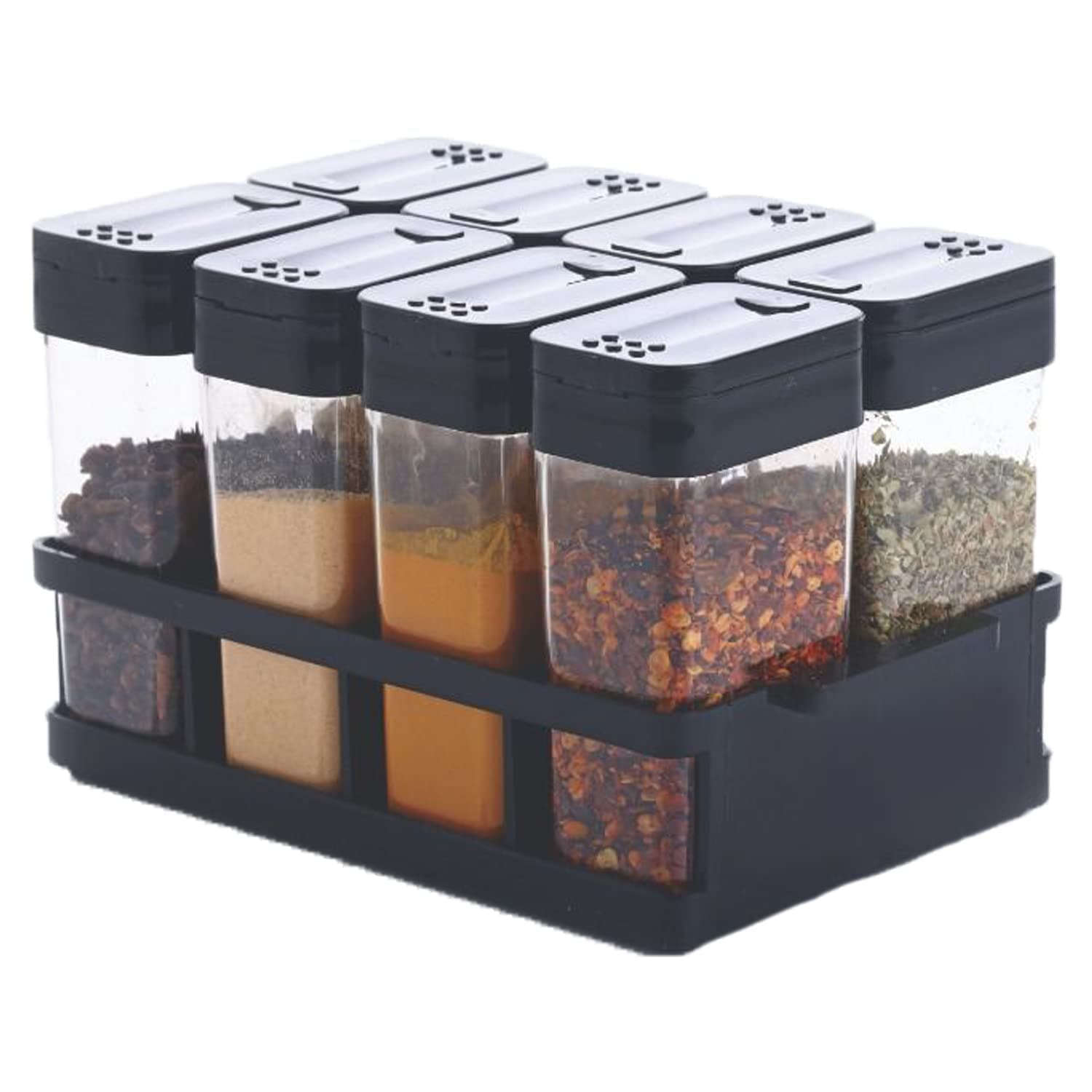 TASMAX 8 Pcs Sets Airtight Masala Box For Kitchen Masala Container For Kitchen Spice Jars Multi Storage Container For Kitchens Easy Flow Spice Storage Container With Tray Spice Jars - Plastic, Black