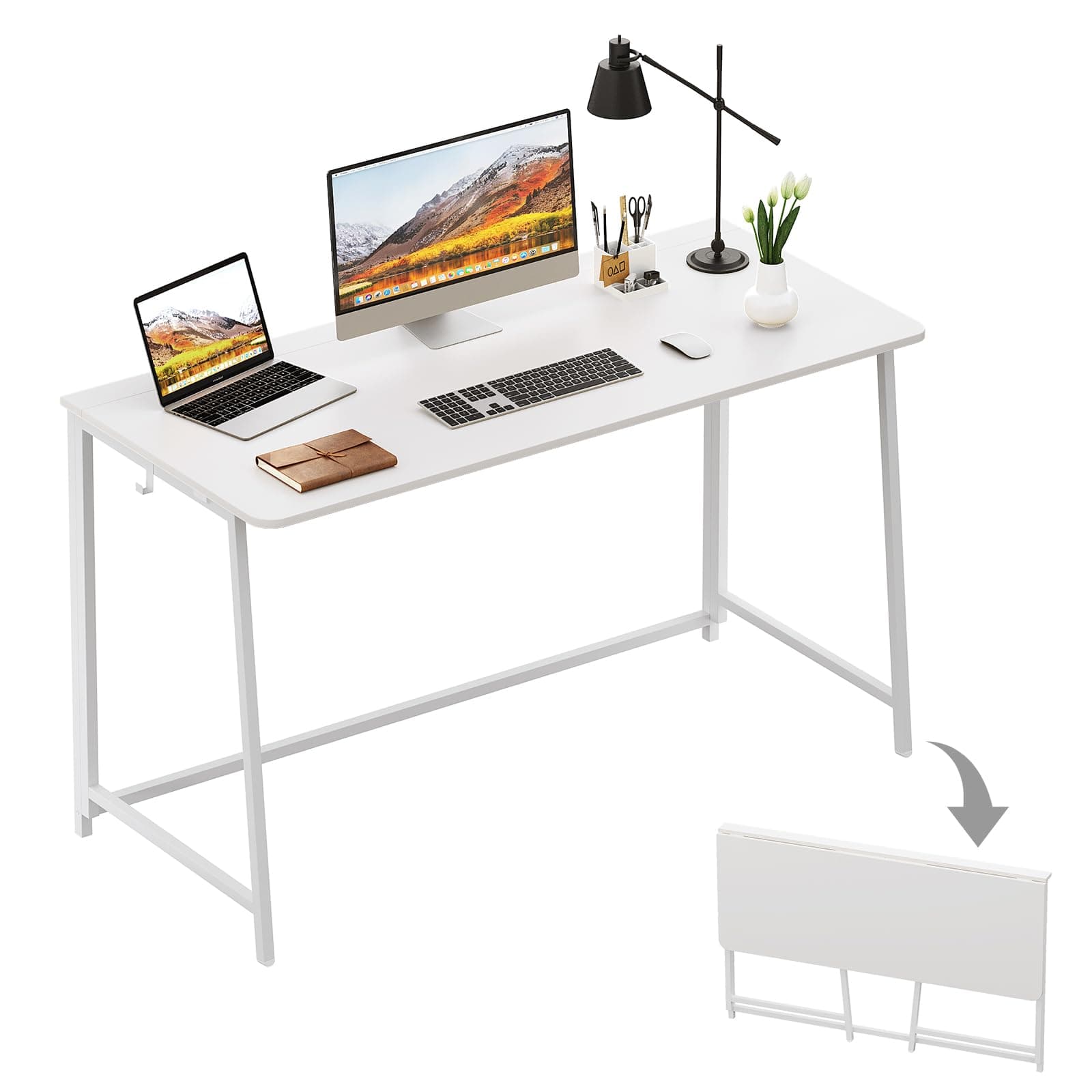 Folding Desk, 47.2" Foldable Computer Desk for Bedroom, Space Saving Computer Table Writing Workstation for Home Office, Easy Assembly, White
