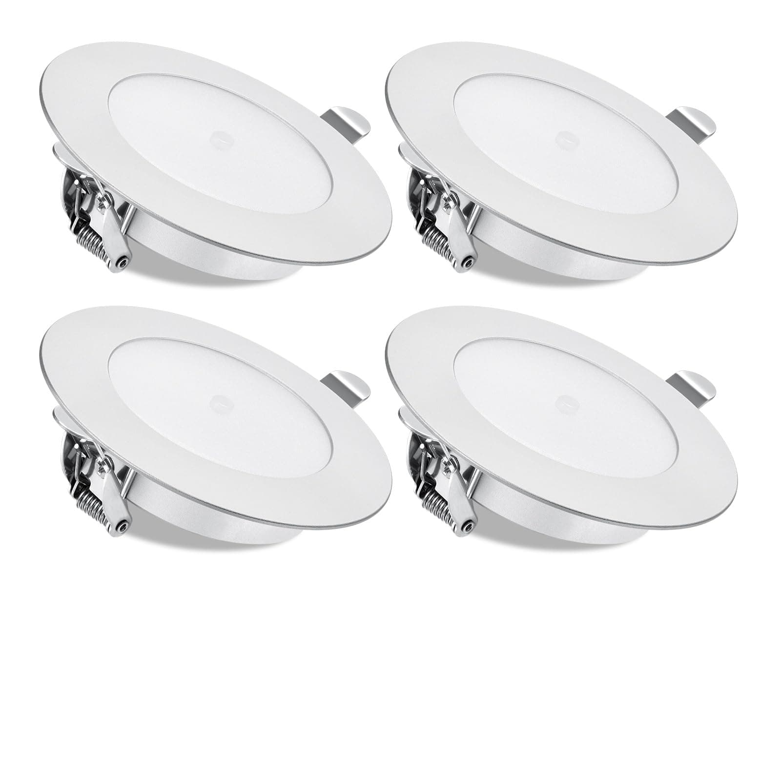 acegoo RV Boat LED Puck Light, 12V Recessed Ceiling Light Under Cabinet Down Light with Press Dimmer, Dimmable White Light & Blue Nightlight, 3-1/4” Flush Mount(Silver/6000K Dual Color, 4-Pack)