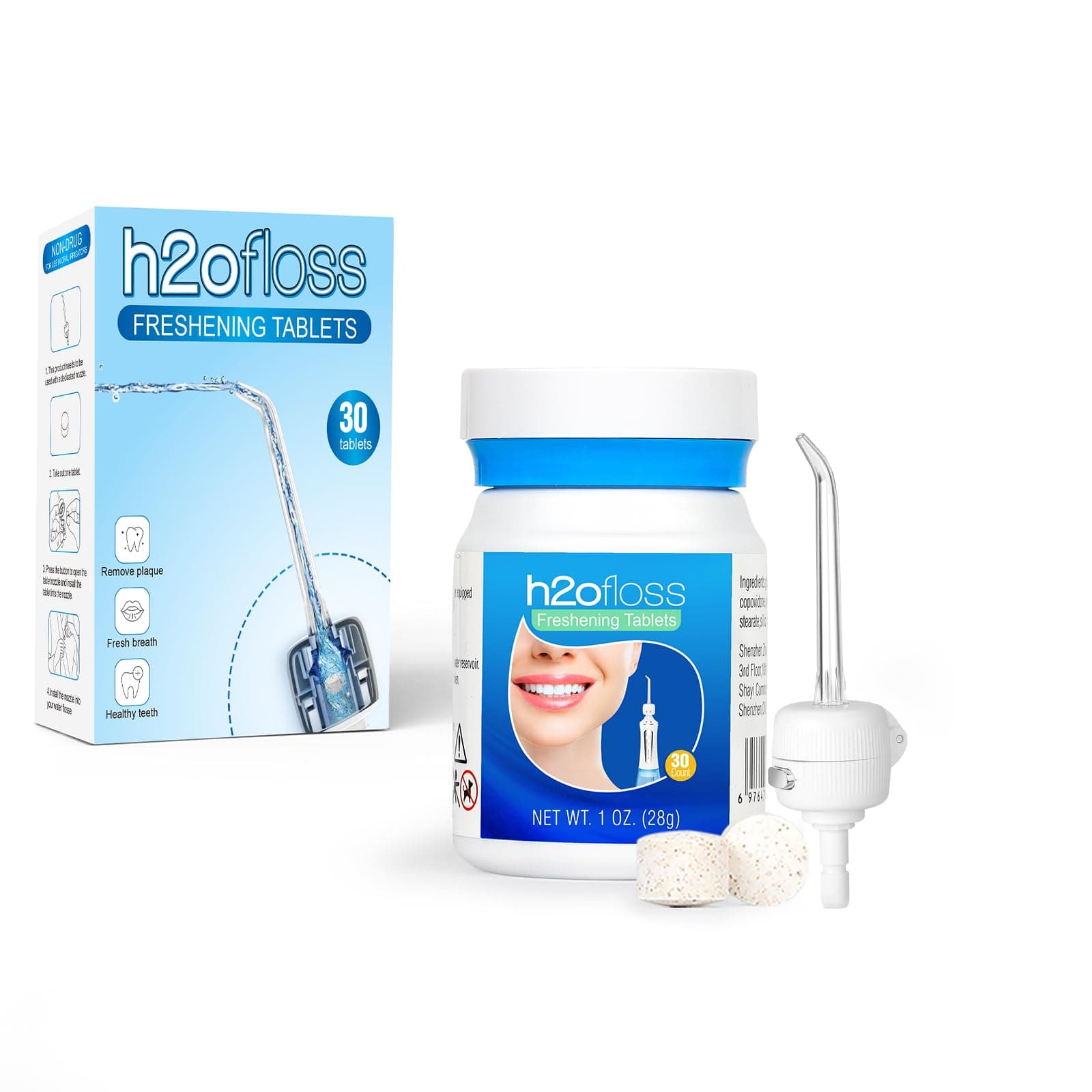 Breath Freshening Water Flosser Refill Tablets with H2ofloss Portable Oral Irrigator Dedicated Nozzle – Cinnamon Flavor for All-Day Freshness and Gum Health (30 Tablets)