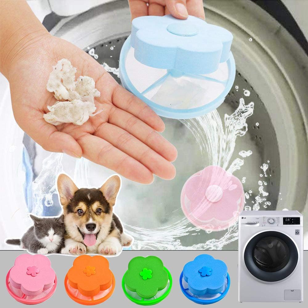 Reusable Laundry Lint Cather Mesh Bag & Pet Fur Hair Remover for Washing Machine Floating Lint Traps Collector Hair Filter Flower 4 Pack