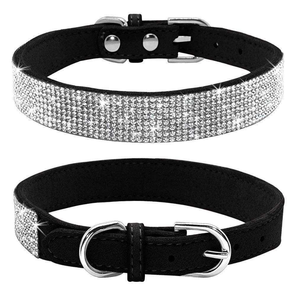 Rhinestone Dog Collar, Cute Dazzling Sparkling Soft Suede Leather Dog Cat Rhinestone Collar Crystal Diamond Pet Dog Puppy Collar(Black,XS)