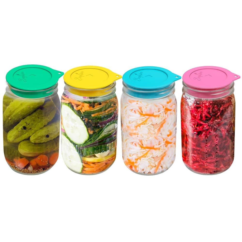 Silicone Fermenting Lids, Waterless Airlock Fermentation Tops Mason Jar Lid Fermenter Caps for Pickles, Kimchi, and Fermented Probiotic Food - 4 Pack, Wide Mouth (Jars Not Included)