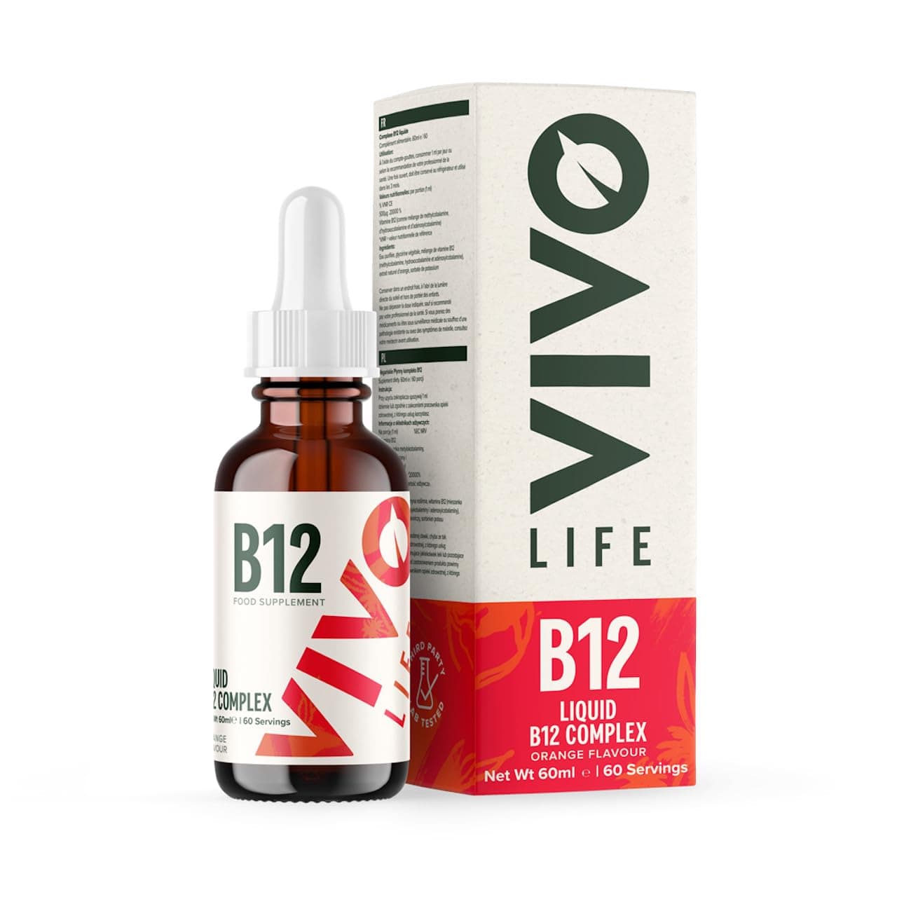 Vivo Life - Vitamin B12 Complex, High Potency Health Supplement, Orange Flavor Liquid Drops, 60ml, 60 Servings