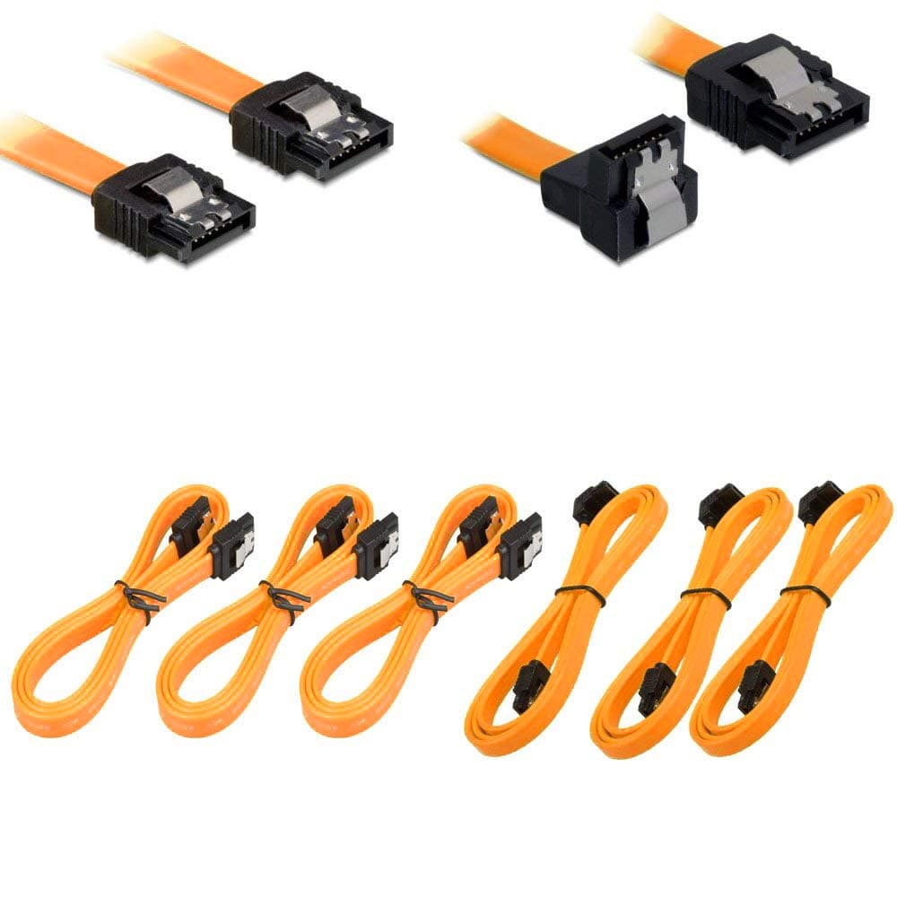 EkoBuy 6 Pack 18 Inch SATA III 6.0 Gbps Cable with Locking Latch and 3x Straight 3x 90-Degree Plug, Orange 50cm each cable
