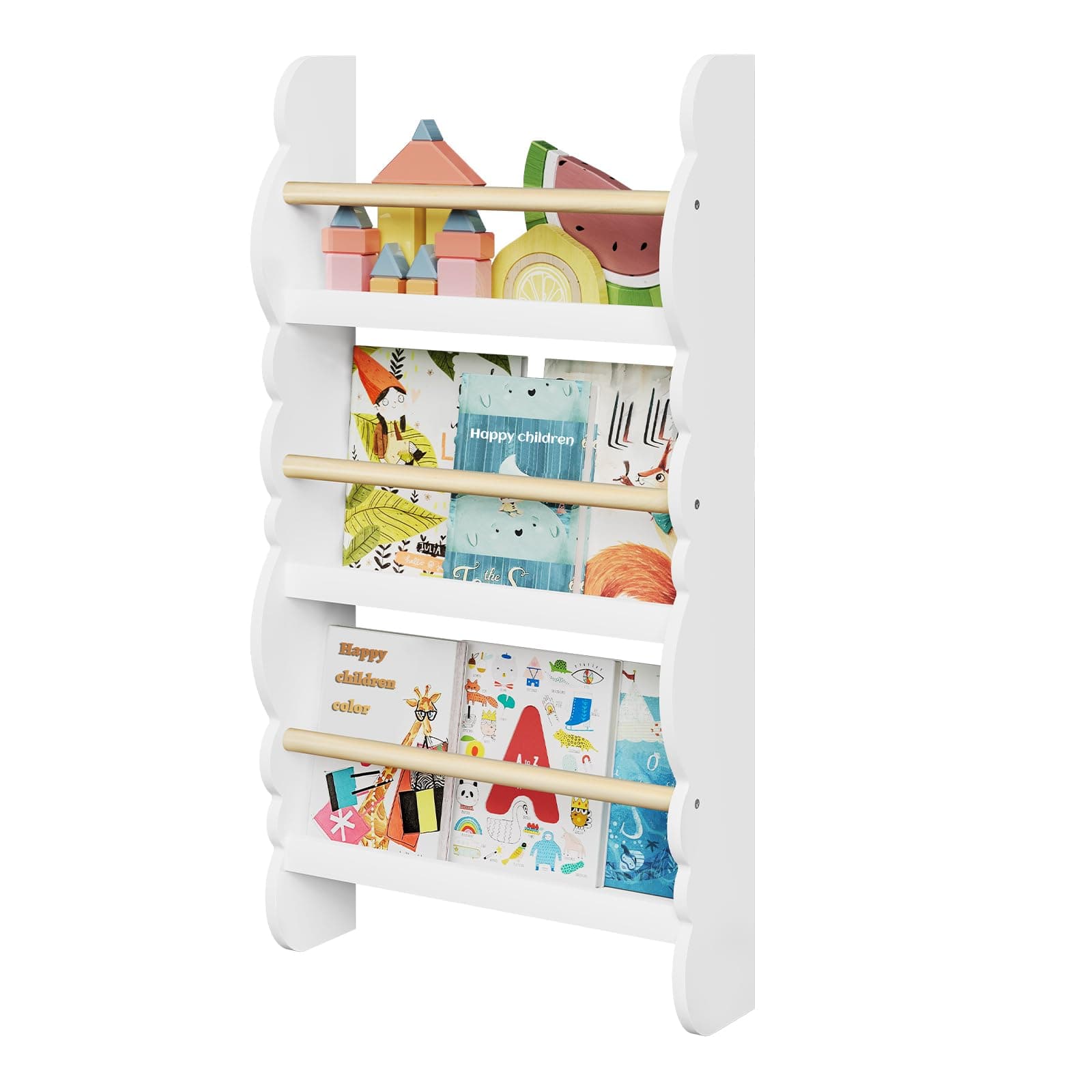 WOLTU Kids Bookcase, Wall Shelf, 3-Tier Children's Bookshelf, Storage Display Rack, Wooden Book Organiser for Children's Room, Cloud-shape, White