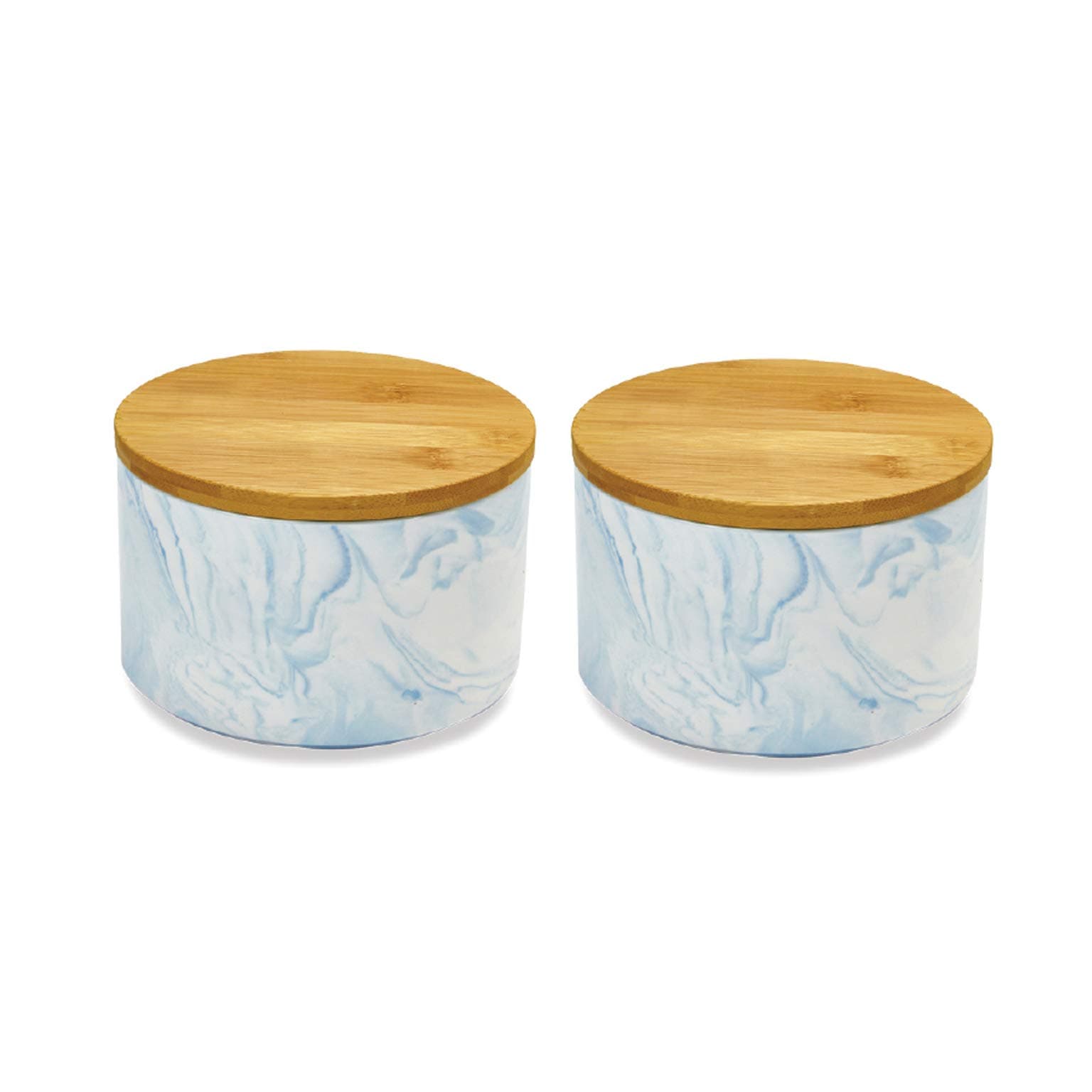 2pc Porcelain Kitchen Canister Set with Bamboo Lids – Sky Blue Marble Containers with Airtight Seal – Sugar, Coffee, Flour or Food Storage Jar -Hold 30 oz. 6" Diameter 3.5" Tall - by Marbelous
