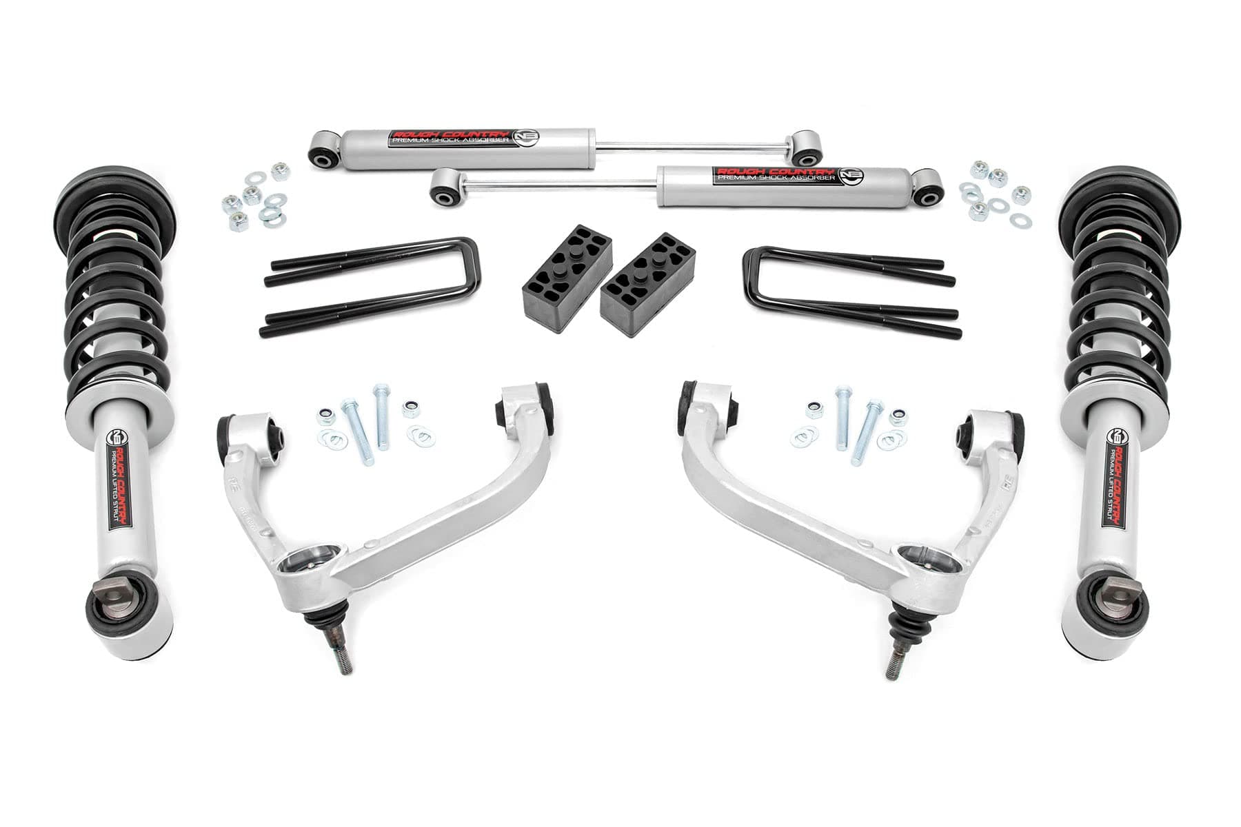 Rough Country 3" Suspension Lift Kit with N3 Lifted Struts & N3 Rear Shocks for Ford F-150 4WD (2014-2020) - Silver Control Arms