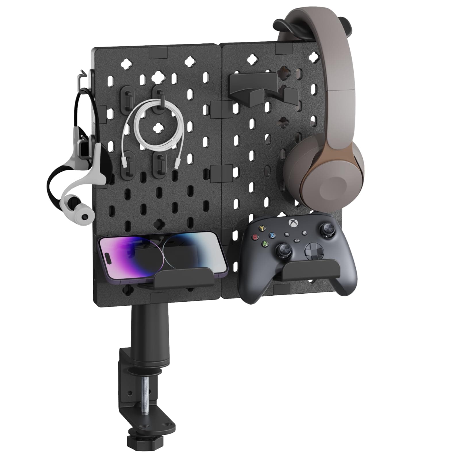 Headphone and Controller Holder, Rotating Gaming Accessories Organizer for Xbox PS5 PS4 Nintendo Switch, Modular Desk Controller Stand with Cable Hooks, 2Pcs Pegboard, Black