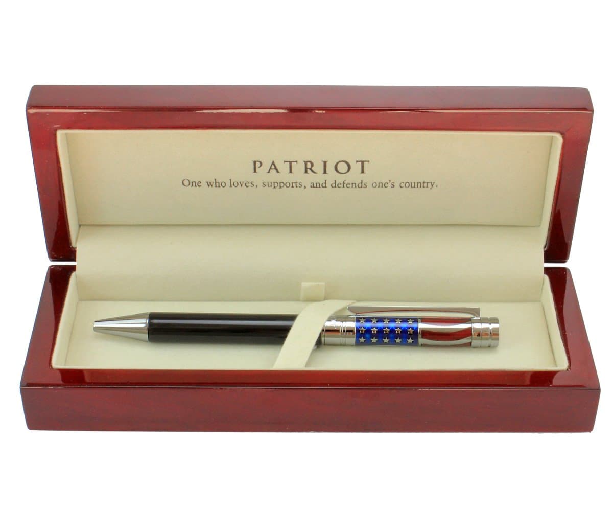Patriot Luxury Ballpoint Pen with FREE Matching Keychain ($15 Value) in a Gorgeous Hand Polished Wooden Gift Box - The American Flag on This Classic Ink Pens Styling Has Deep Etched Engraving And Bold Enamel Laquer - Smooth Twist Mechanism - Spring-Loaded Clip - Medium Point - Uses Parker Style Refills - One Year WARRANTY