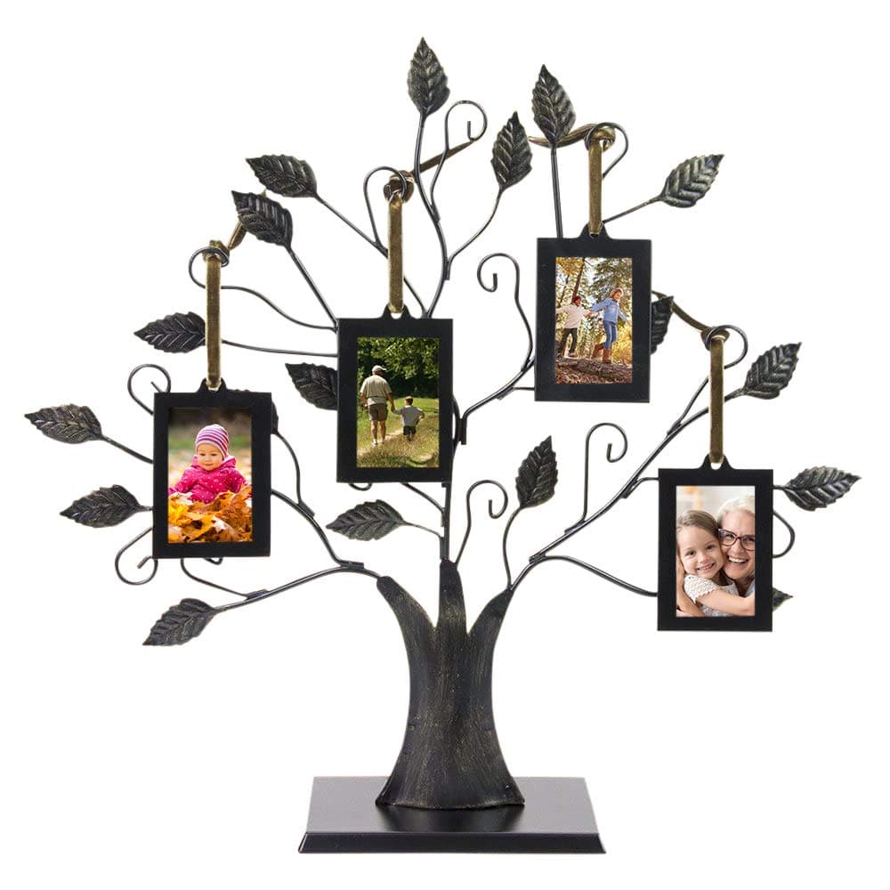 Family Tree Wall Decor with 4 Hanging Picture Frames, Brushed Bronze Photo Frame Ornament for Home and Office Decor, Holiday Gift Photo Frame