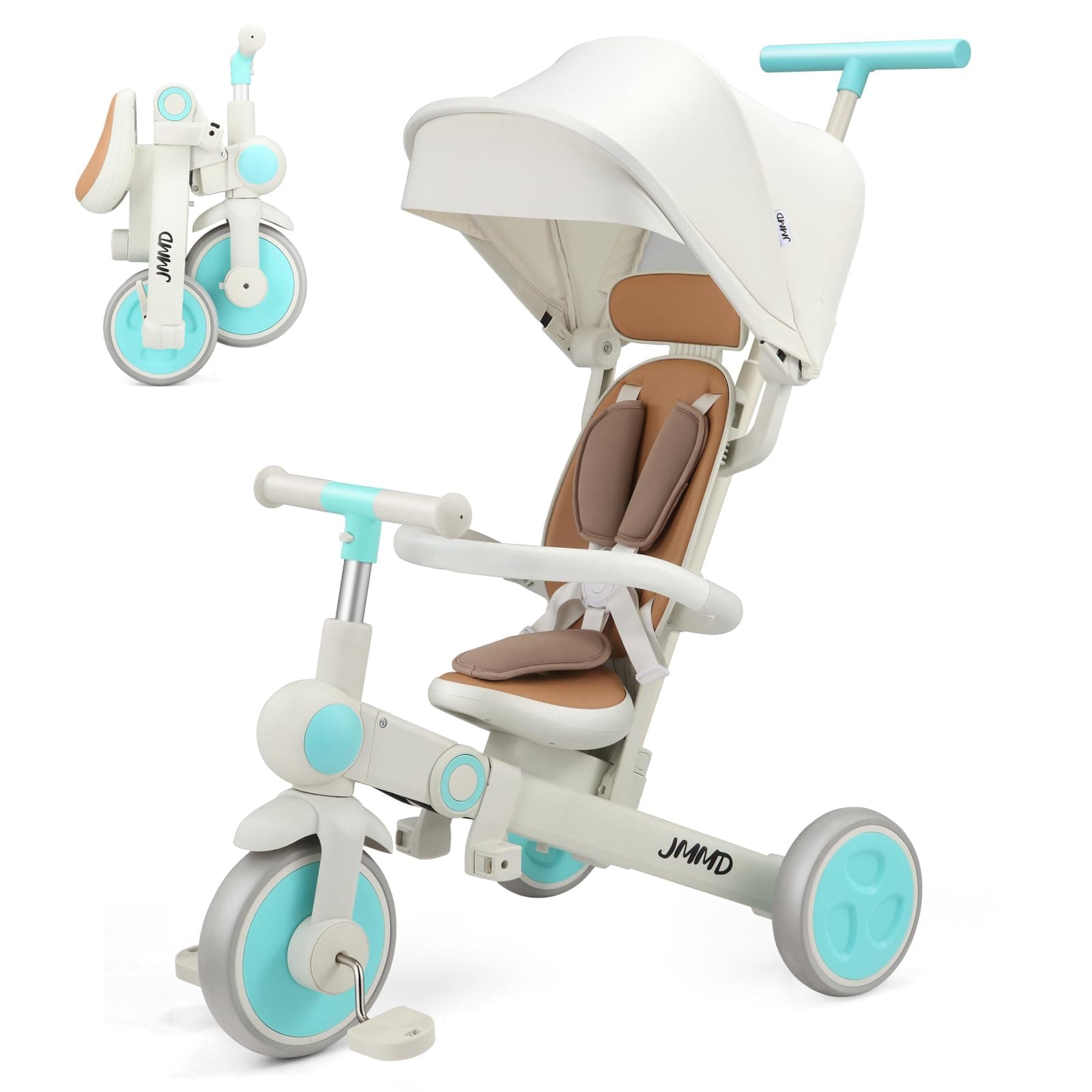 Baby Tricycle, 7-in-1 Multifunctional Kids Trike with Adjustable Parent Handle, Safety Harness & Wheel Brakes, Removable Canopy, Stroll Trike for Boys & Girls Ages 18 Months-5 Years, Mint