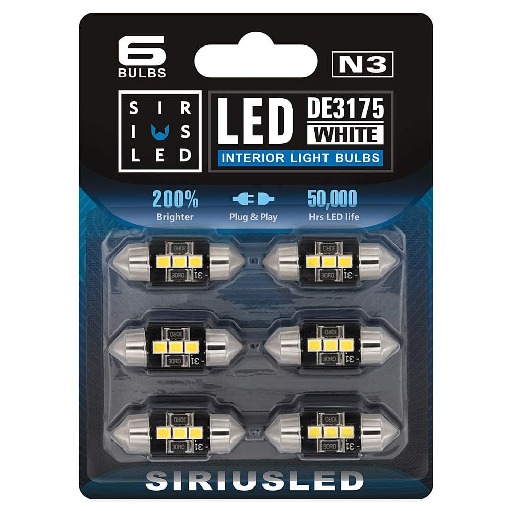 SIRIUSLED N3 DE3175 LED bulbs Pure white Super Bright LED Festoon 300 Lumens 3030 Chipset for Car Truck Interiors Dome Map Door Courtesy Lights 1.25†31MM Festoon Pack of 6 Bulbs