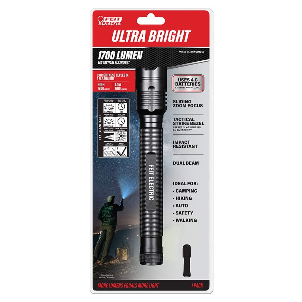 Feit Electric FL1700 Ultra Bright 1700/600 Lumens 4-Cell C, Zoomable Strike Bezel LED Tactical Flashlight, 9.76" L x 1.54" D, Black