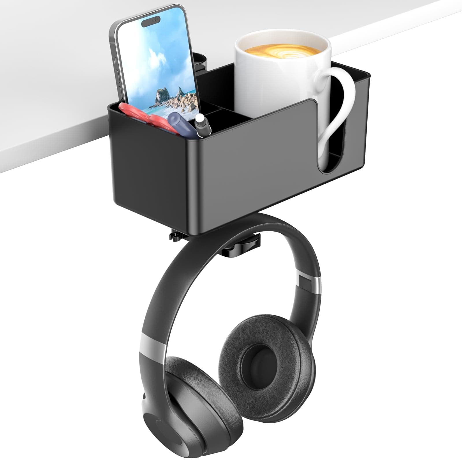 KDD 4-in-1 Desk Organizer - Clamp-on Under Desk Headphone Hanger & Storage Box for Cup, Phone, Pen (Black)