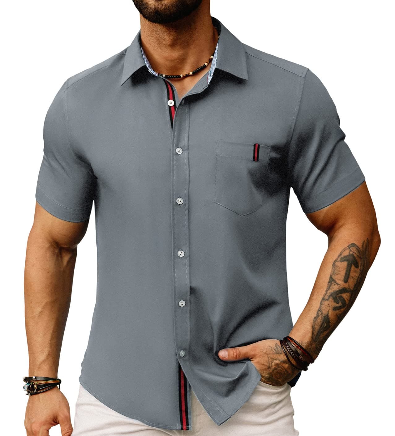 PJ PAUL JONES Men's Casual Dress Shirts Wrinkle-Free Short Sleeve Business Button Down Bamboo Oxford Shirt