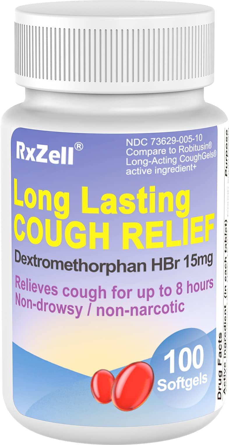 RXZELL Adult Cough Relief, Dextromethorphan HBr 15mg (100 Softgels), 8 Hour Long Lasting, Non-Drowsy, Cough/Bronchial Suppressant