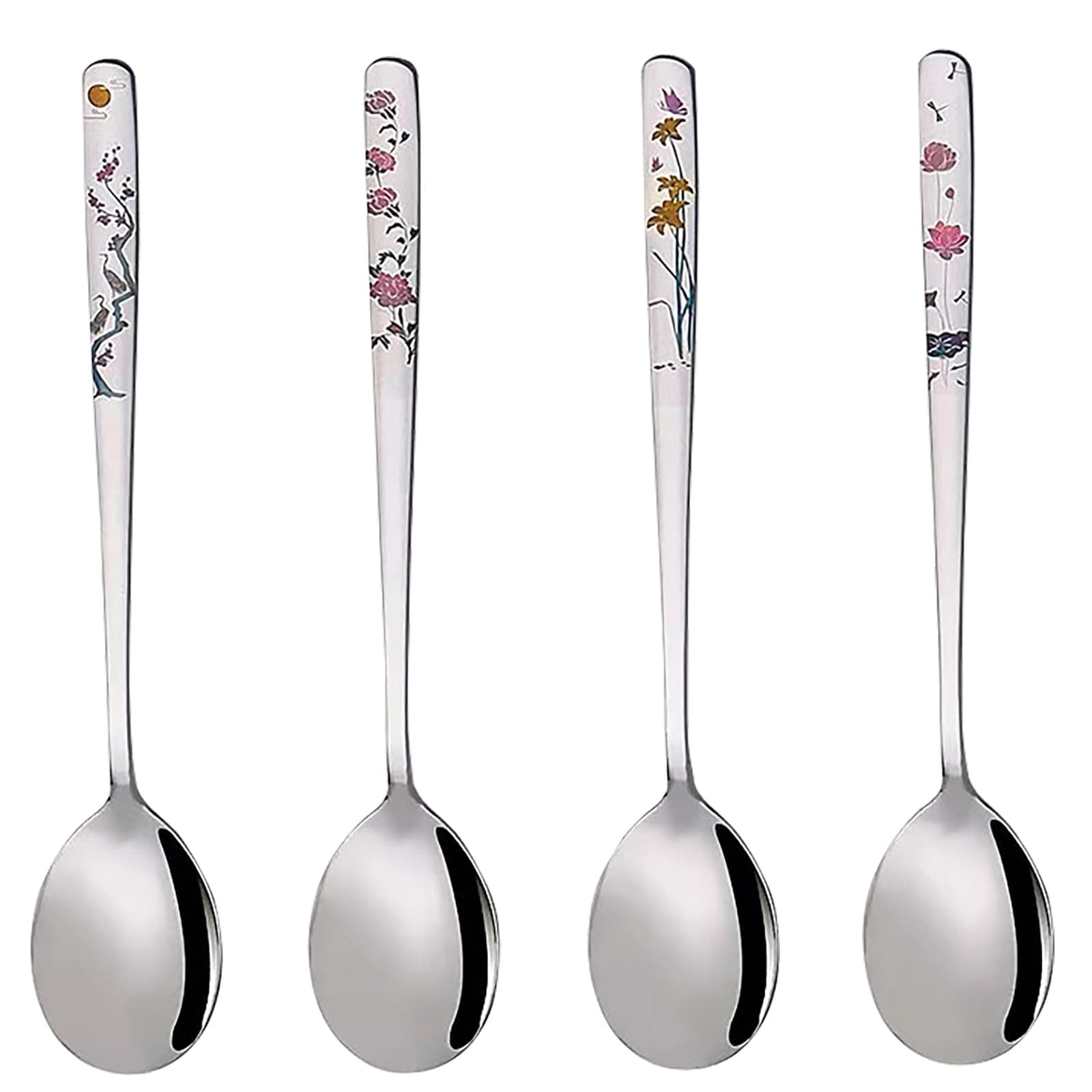 Korean Soup Spoons, 18/8 Stainless Steel Long Handle 8 Inch Tablespoon, Asian Metal Dinner Spoons, Set of 4 (flowers)
