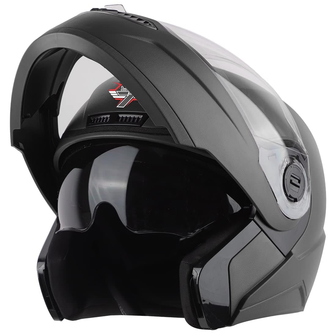 SBA-7 7Wings ISI Certified Flip-Up Helmet for Men and Women with Inner Smoke Sun Shield Outer Clear Visor ( Large 600 MM, Dashing Black )