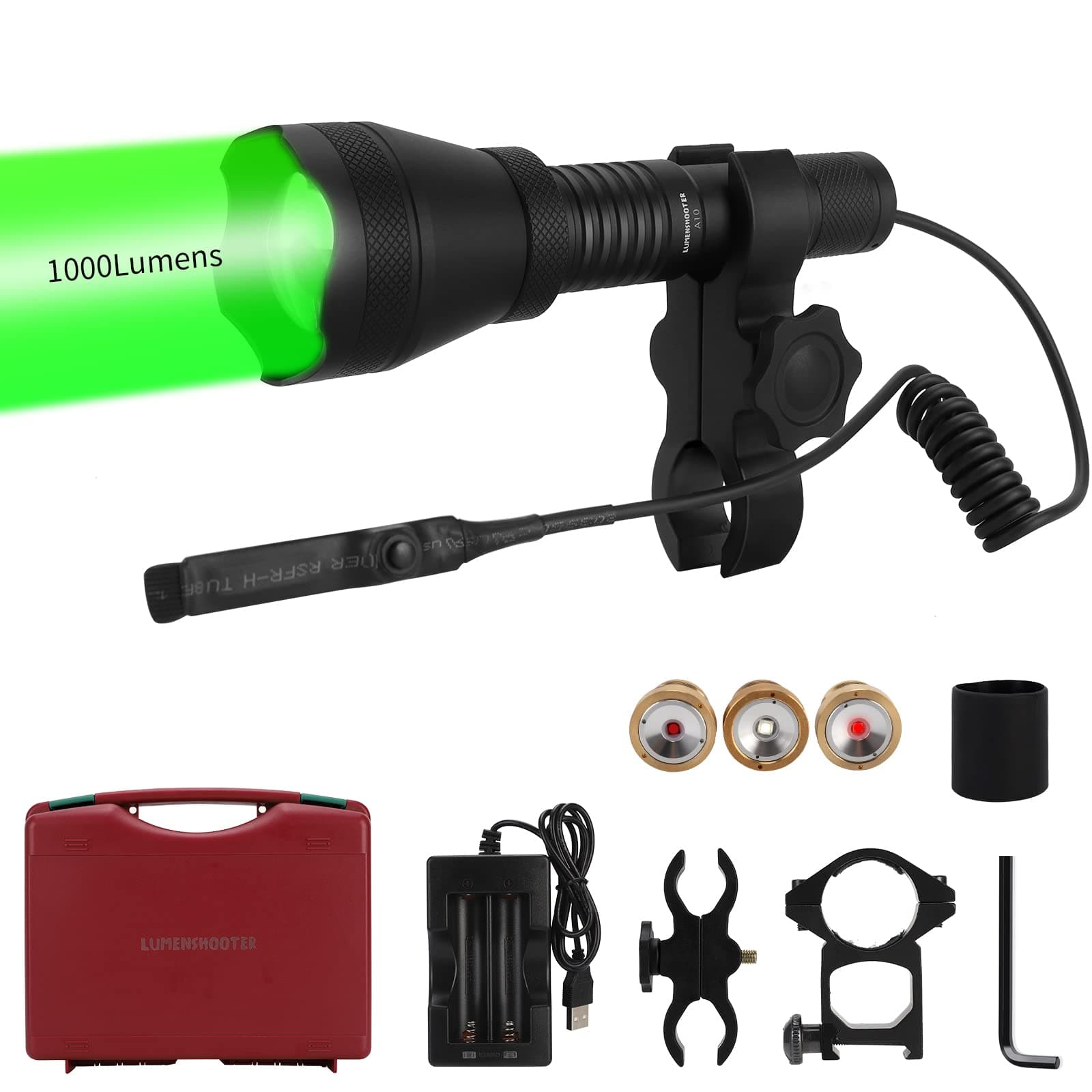 A10 Ultimate 1000 Lumens Green Hunting Light Flashlight with Rubber Halo Shield, Red White 850nm Infrared IR Torch, Long Range Zoomable Scope Light for Predator, Coyote, Varmint, Hog