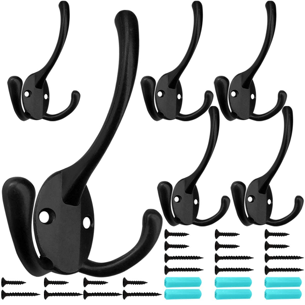 IBosins 6 Pack Black Three Prongs Coat Hooks