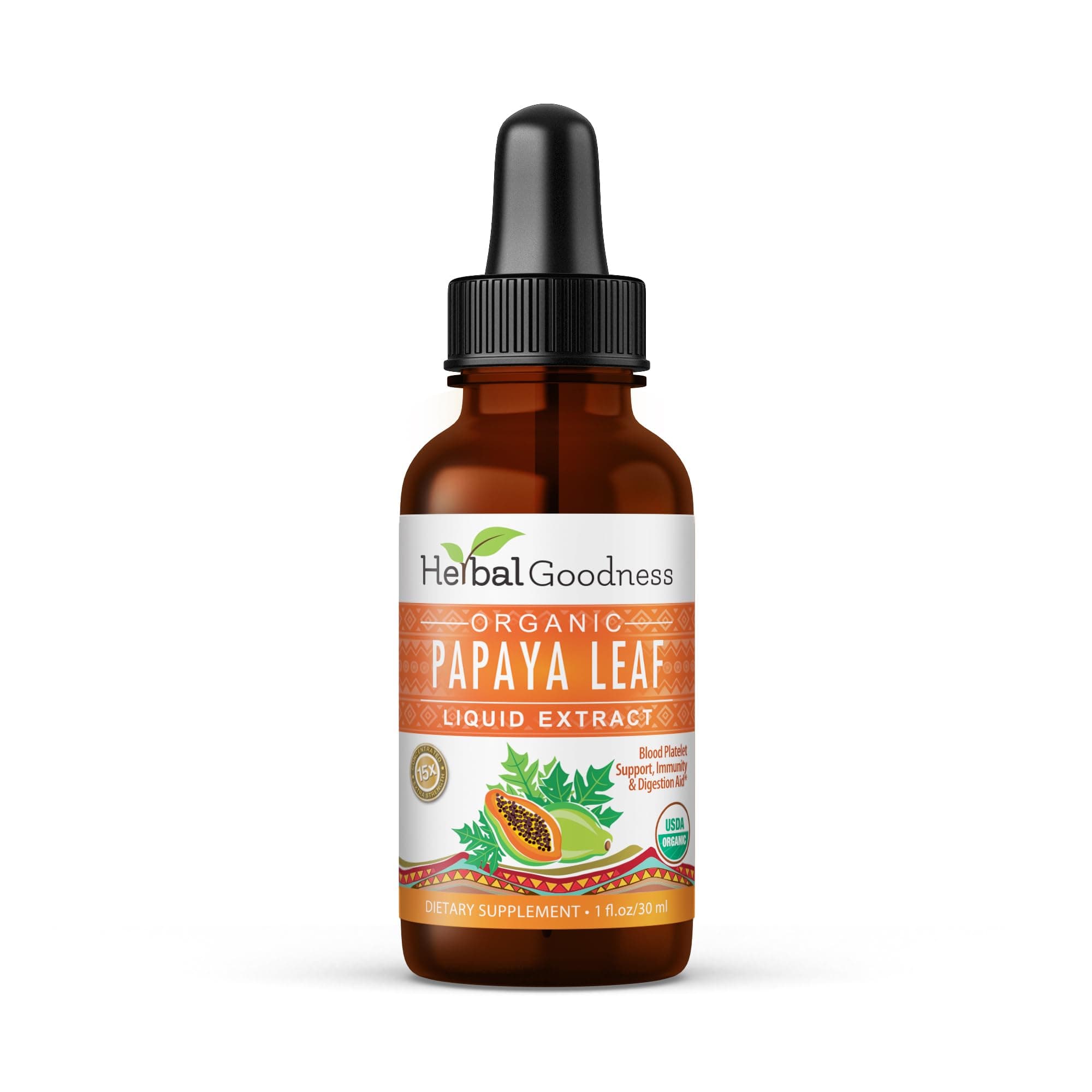 Herbal Goodness Papaya Leaf Extract 1oz – 15X Concentrated Organic Papaya Liquid Supplement | Papaya Enzyme Drops for Platelet Support, Digestive Health & Immune Support | Non-GMO, Vegan, Gluten-Free