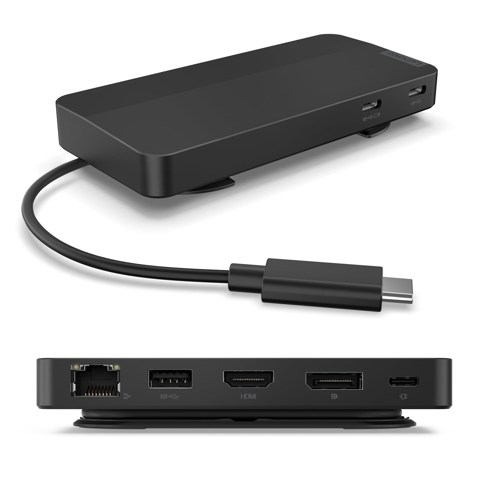 Lenovo USB-C Dual Display Travel Dock, 7 Ports, HDMI & DP Ports Support Dual Displays at 4K, Up to 100W PD Pass Through, Integrated USB-C Cable, Black