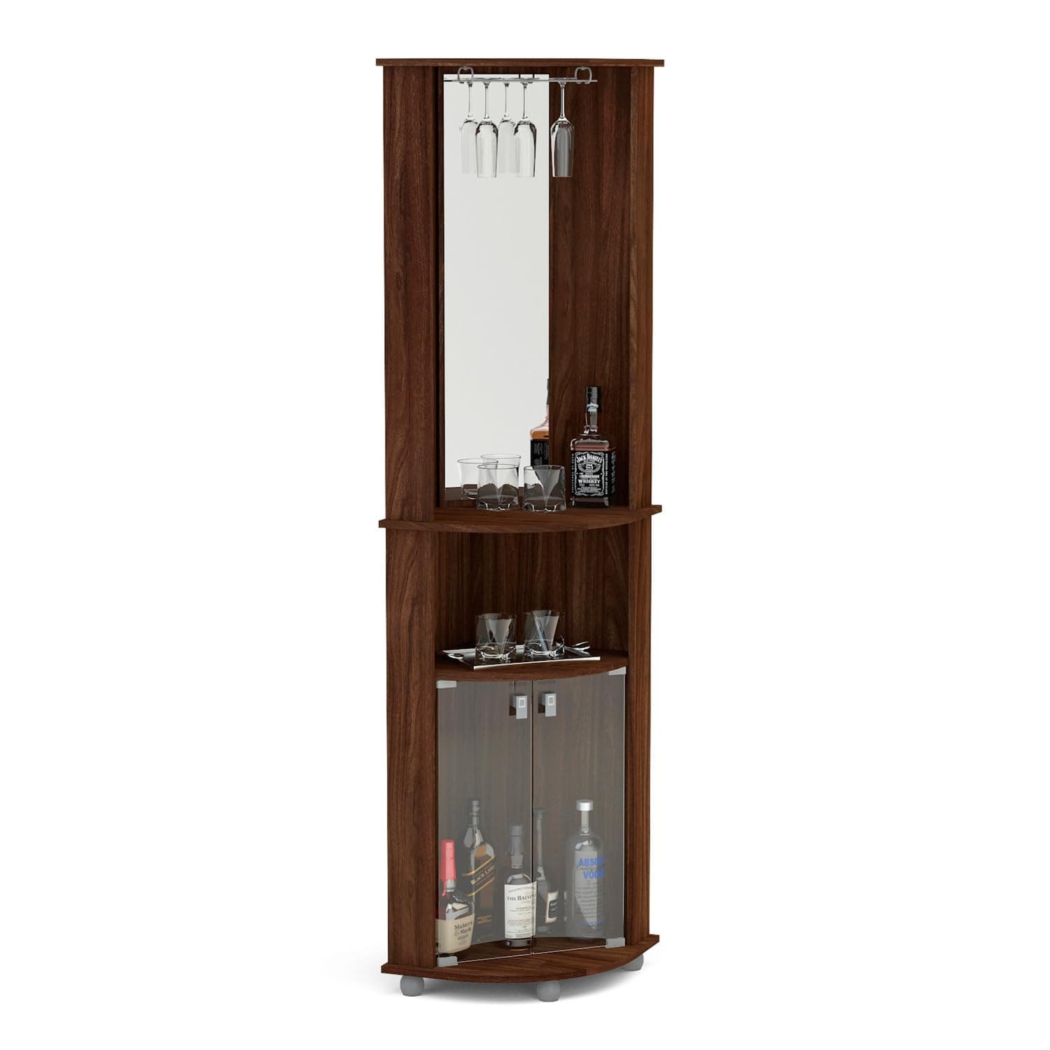 Boahaus Corner Bar Cabinet with Mirror, Glass Rack, Storage Shelves & Glass Door Cabinet – Modern Corner Bar Unit for Wine & Liquor (Brown-1)