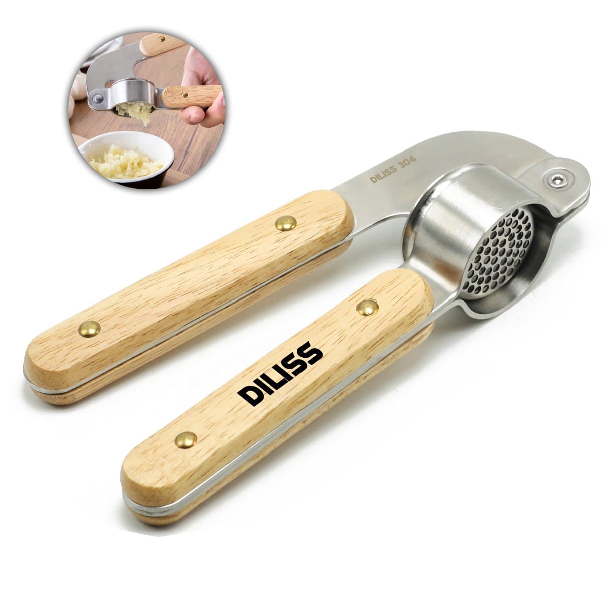 DILISS High-End Garlic Press Wood handle 304 Stainless Steel Professional Heavy Soft-Handled Garlic Press Crusher Mincer Crush Garlic Cloves Ginger