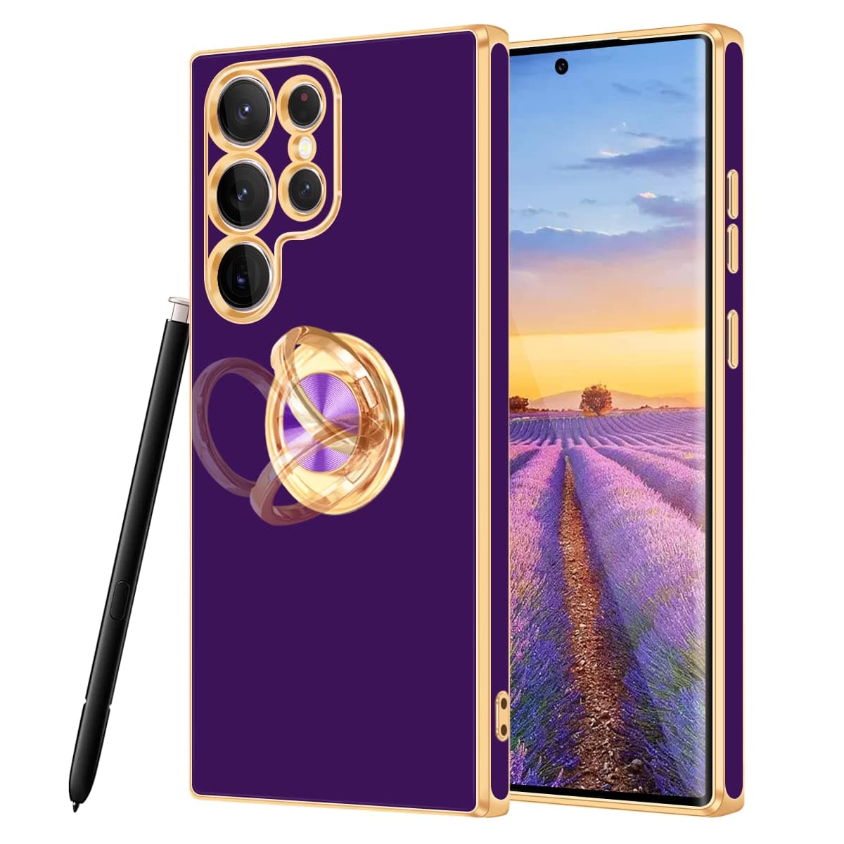 FingicSamsung Galaxy S23 Ultra Case, Galaxy Case, Slim Fit Thin 360°Rotatable Ring Holder Stand Magnetic Car Mount Antiscratch Shockproof Full Body Protective Case, 2023, Deep Purple