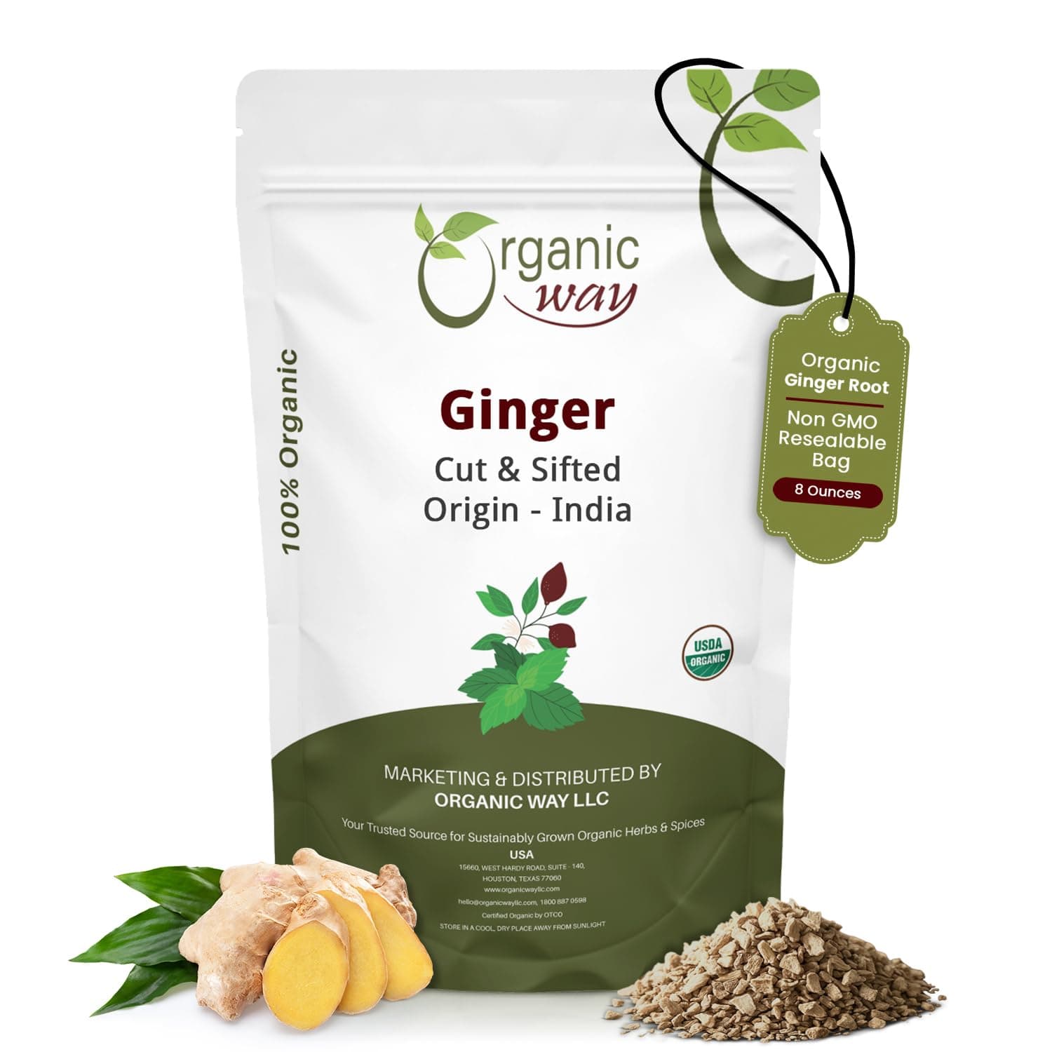 Organic Way Premium Dried Ginger Root Cut & Sifted (Zingiber officinale) - Organic & Kosher Certified | Raw, Vegan, Non GMO & Gluten Free | USDA Certified | Origin - India (1/2 LBS)