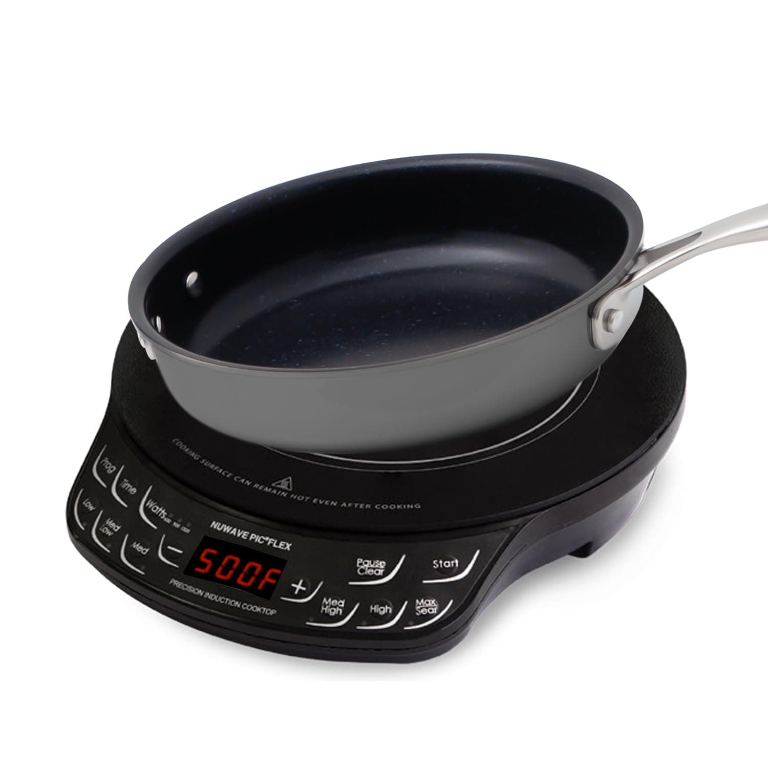 Flex Precision Induction Cooktop, 10.25” Shatter-Proof Ceramic Glass, 6.5” Heating Coil, 45 Temps from 100°F to 500°F, 3 Wattage Settings 600, 900 & 1300 Watts, 9” Duralon Ceramic Pan Included