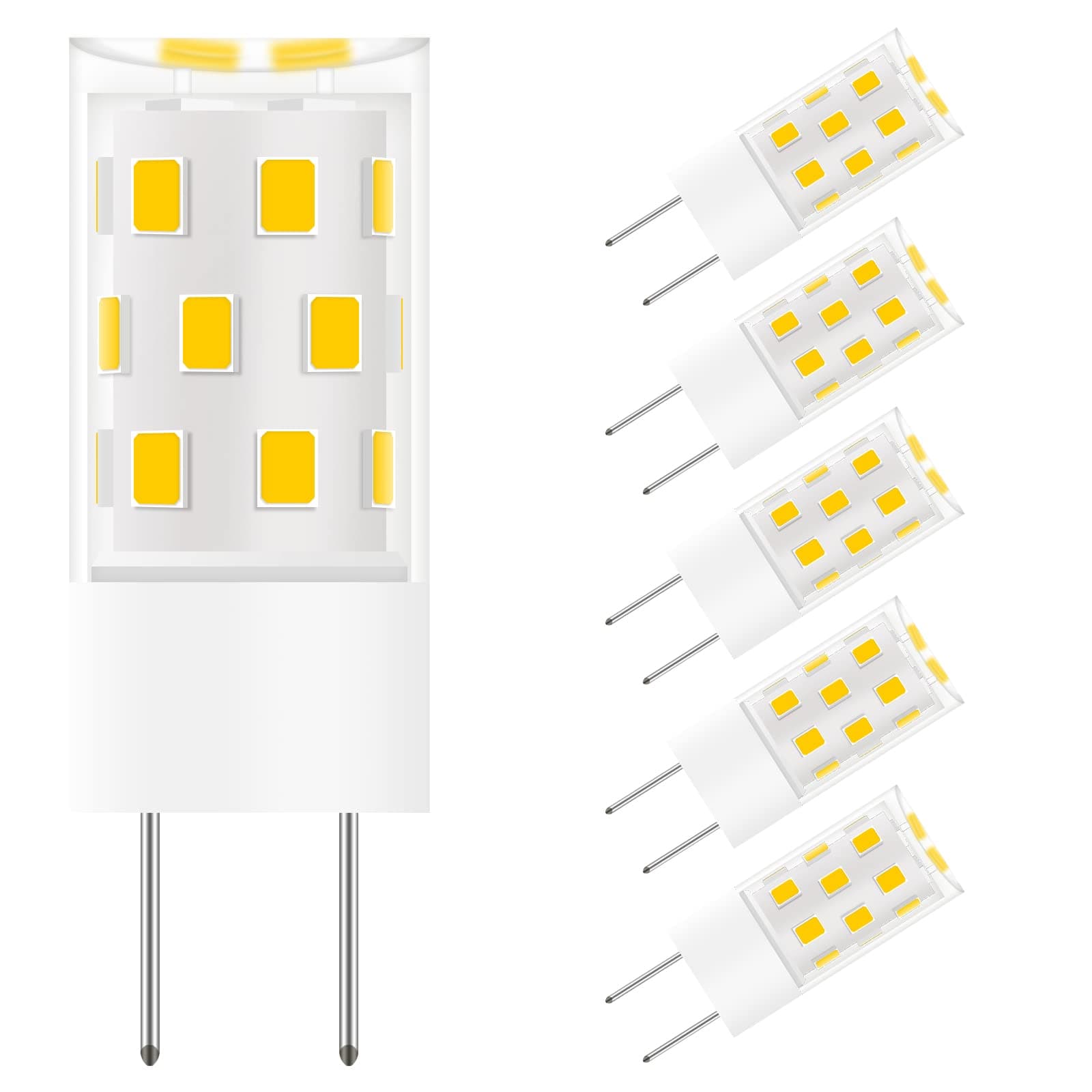 GY6.35 LED Bulb 5W Equivalent to 50W Halogen Bulb, T4 JC Type G6.35/GY6.35 Bi-pin Base, AC/DC 12V, Warm White 3000K Non-Dimmable Bulb for Pendant Light, Desk Lamp, Landscape Lighting (5 Pack)