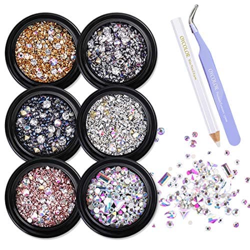 DANNEASY6 Boxes 3D Flat-Black Nail Art Rhinestones Kit Colorful Nail Crystals Laser Nail Stones Manicure Decoration With 1Pc Curved Tweezers And Wax Pen