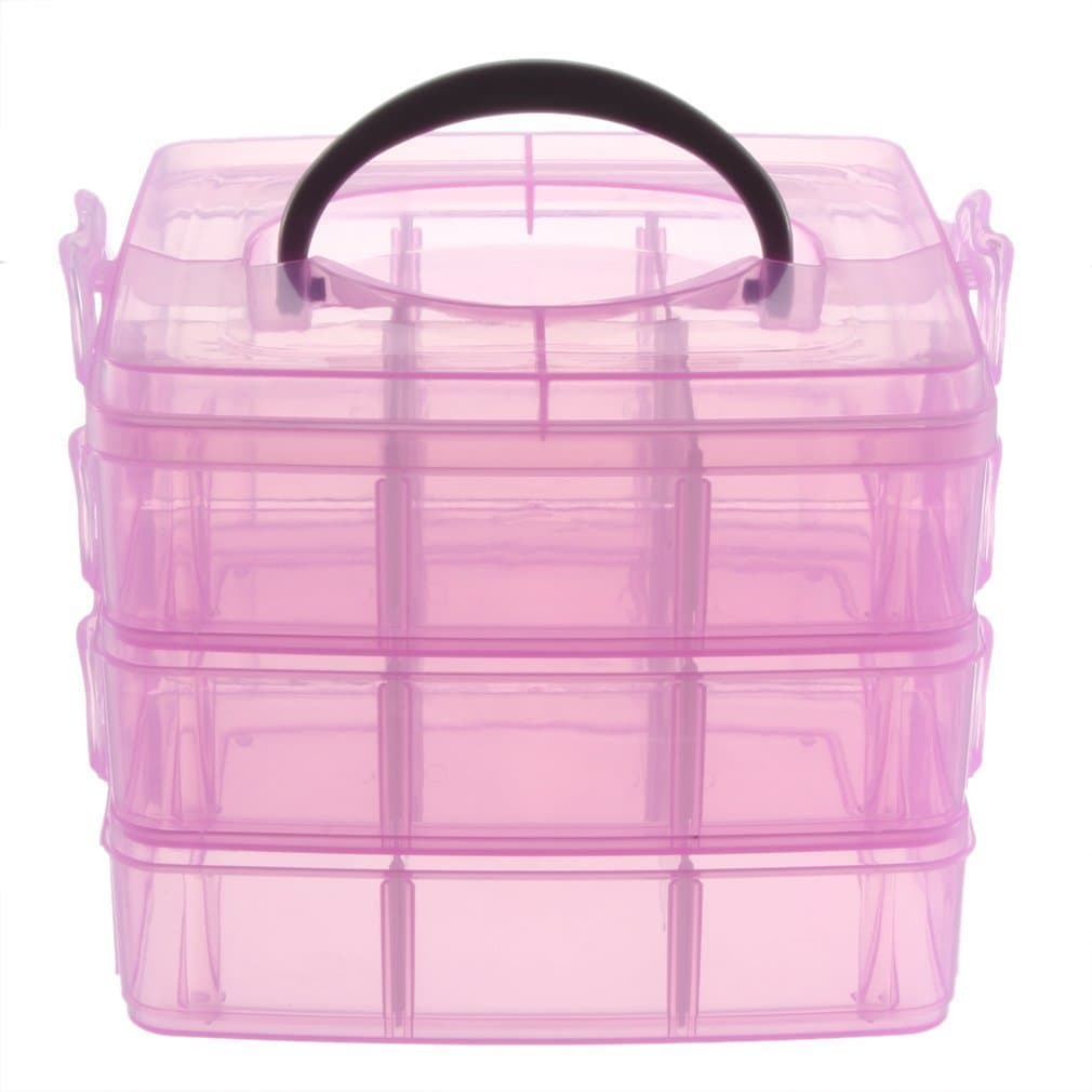 Clear 3 Layers Nail Art Makeup Cosmetics Container Storage Box Case (Pink)