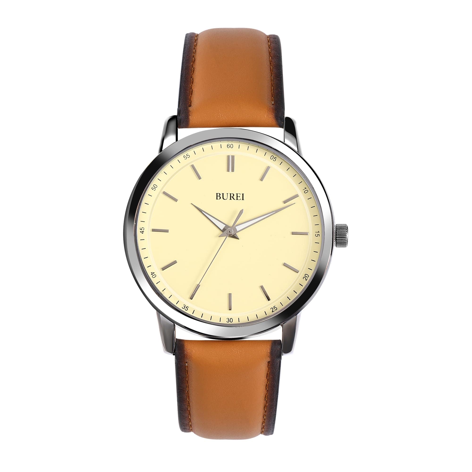 BUREI Mens Fashion Watches Dress Minimalist Wrist Watches for Men Brown Leather Analog Watch Display with Slim Case Design relojes para Hombres