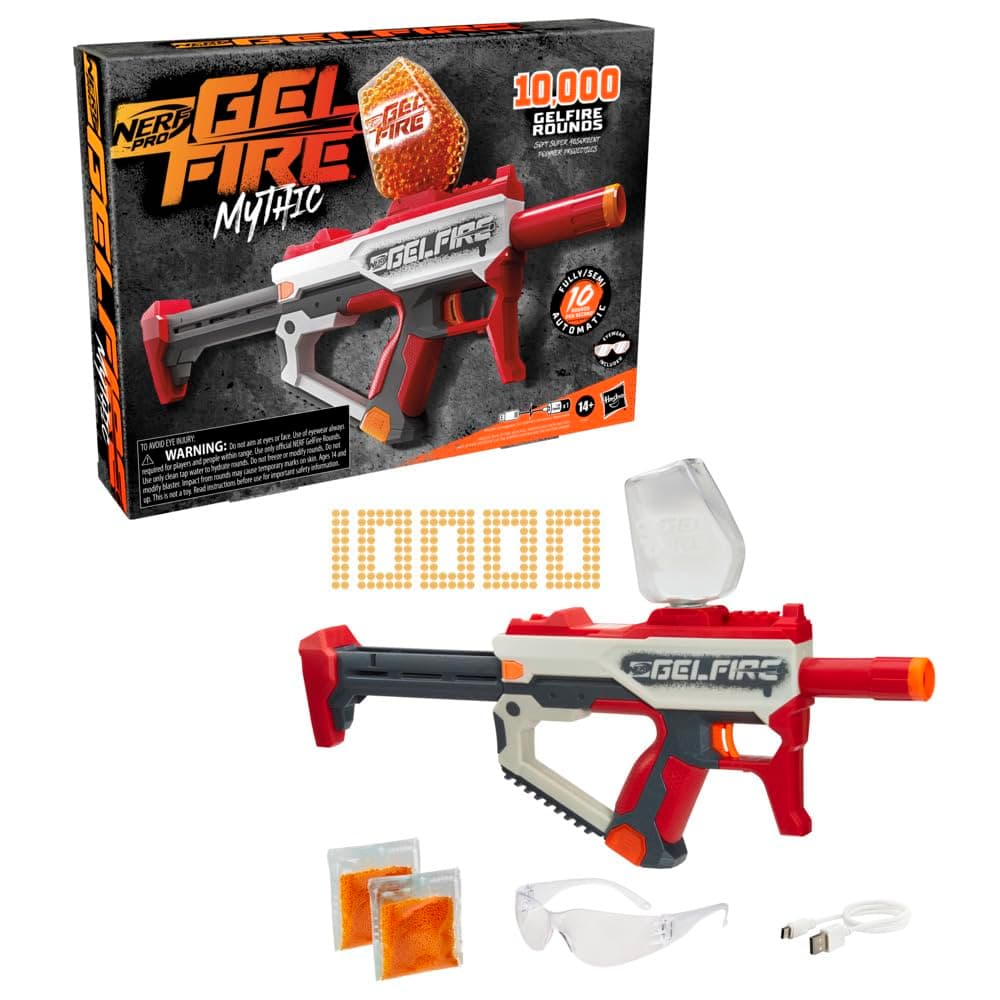 Pro Gelfire Mythic Full Auto Blaster & 10,000 Gelfire Rounds, 800 Round Hopper, Rechargeable Battery, Eyewear, Ages 14 & Up (F7267)