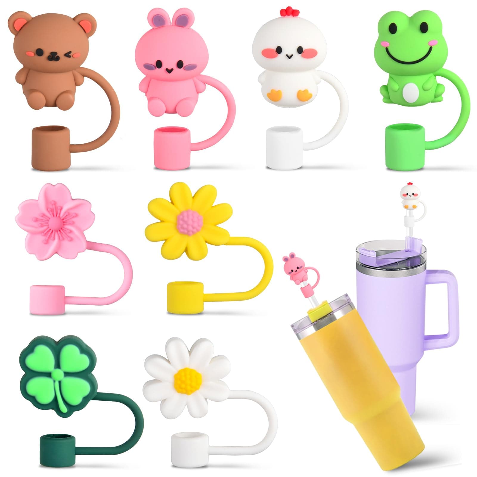 ALKNOT 8pcs 10mm Silicone Straw Toppers for Stanley Cup, Reusable, Dust-Proof, Animal Shaped Straw Covers for 30&40 Oz Tumbler